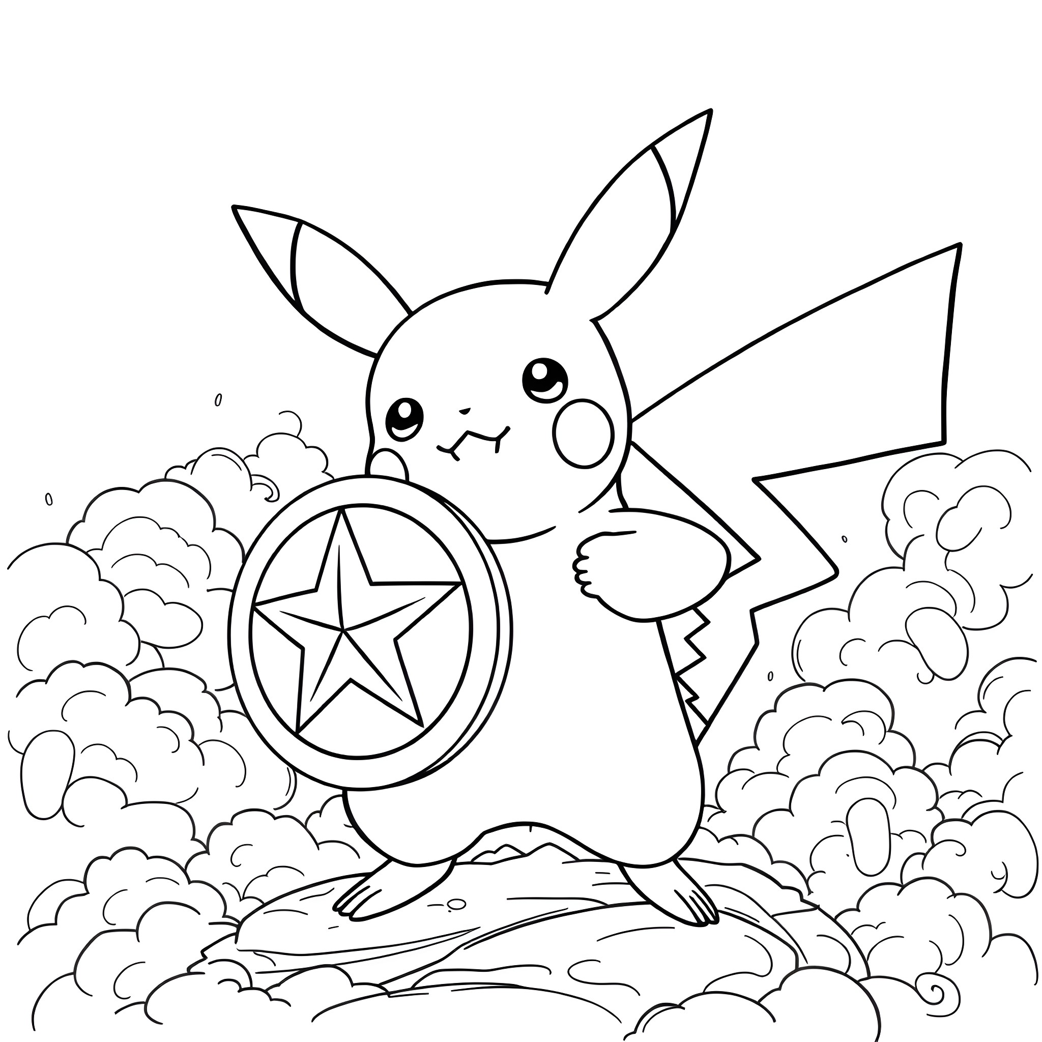 Pikachu holding a star in a cloudy scene Coloring Page (free black-and-white line drawing printable PDF for all, from beginners to advanced learners, including children, teens, adults, and seniors)