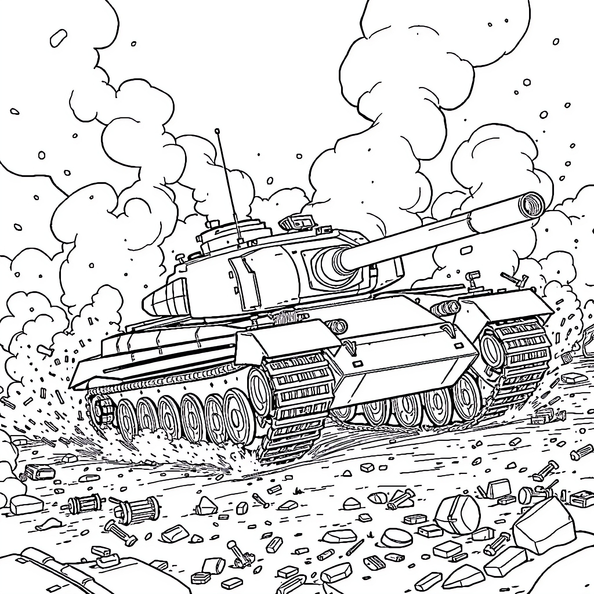 Tank advancing through battle debris and smoke Coloring Page (free black-and-white line drawing printable PDF for all, from beginners to advanced learners, including children, teens, adults, and seniors)