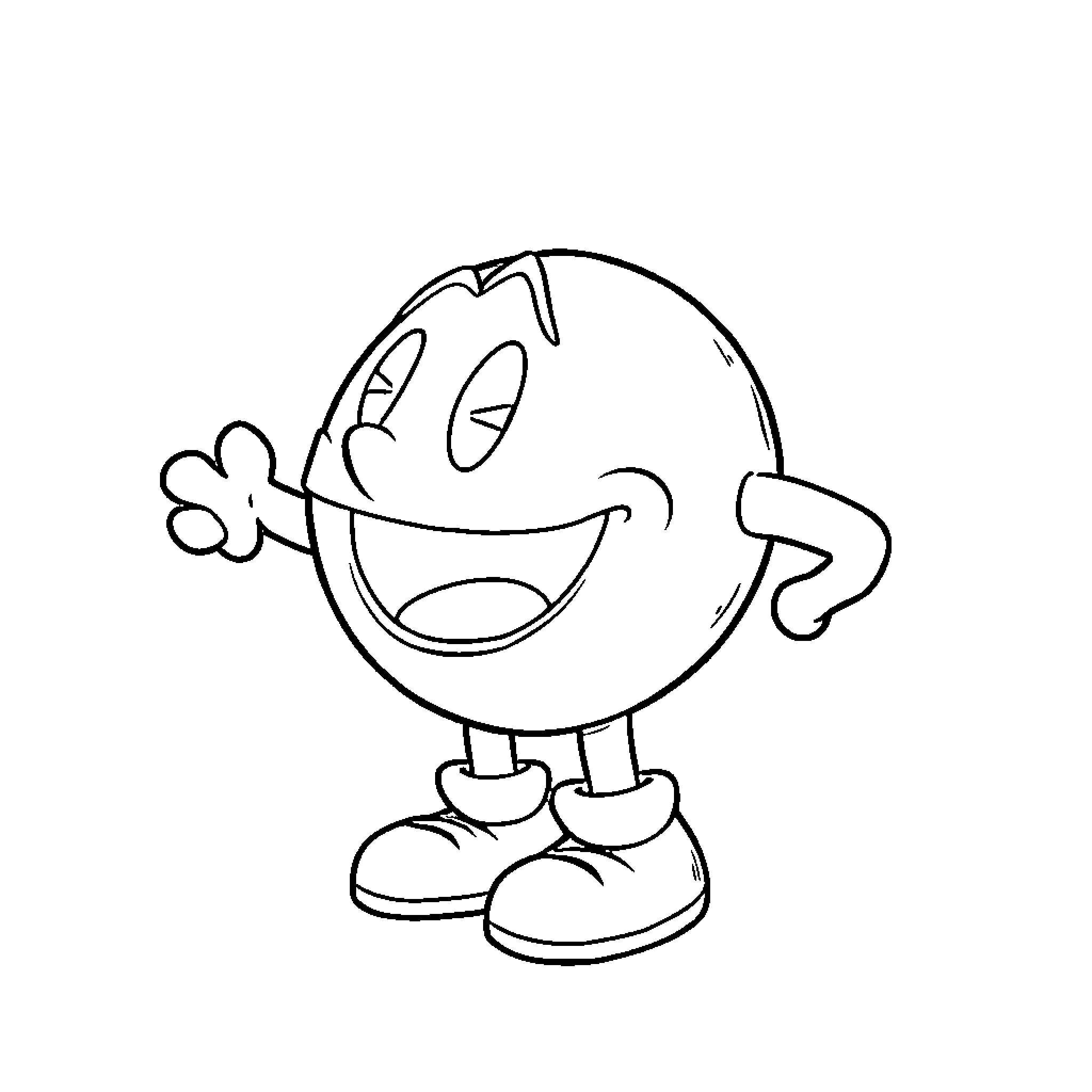 Pacman character in happy pose Coloring Page (free black-and-white line drawing printable PDF for all, from beginners to advanced learners, including children, teens, adults, and seniors)