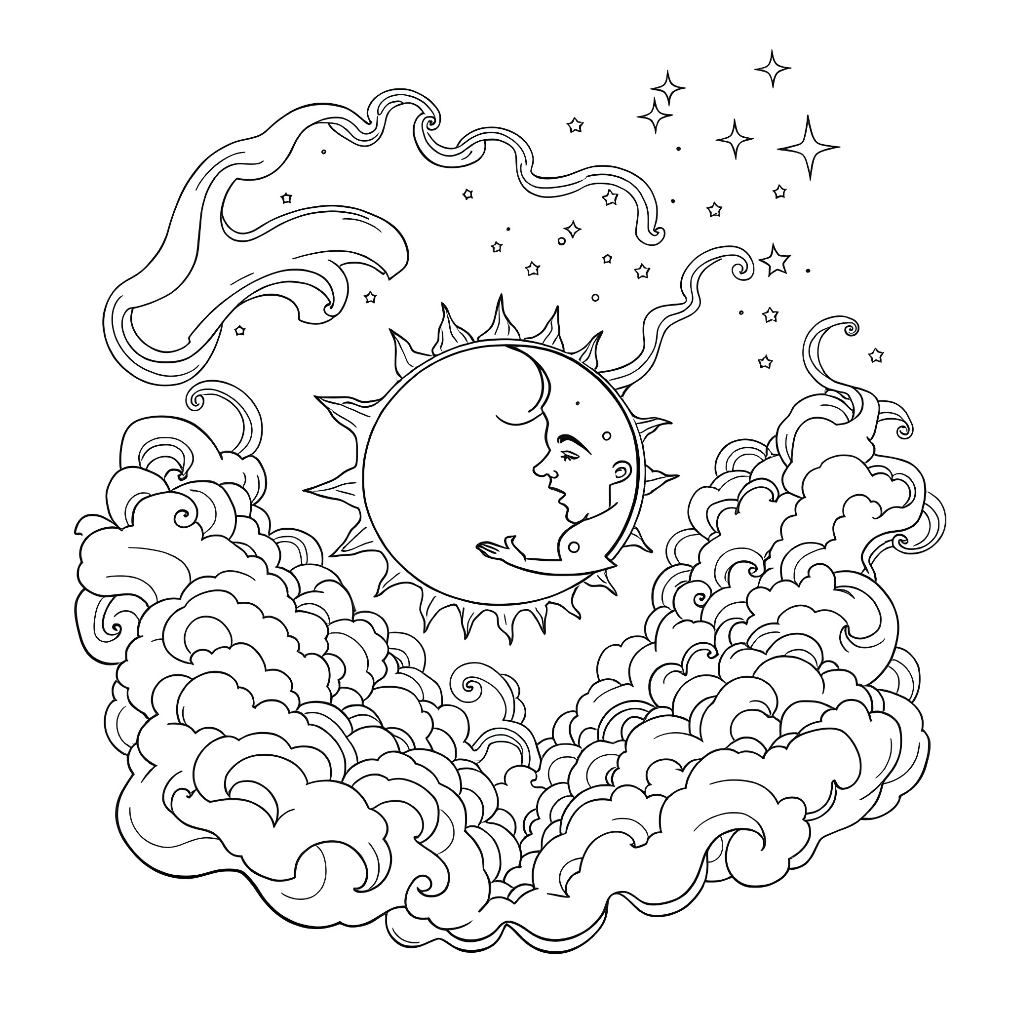 Sun and Moon dancing in the starry sky Coloring Page (free black-and-white line drawing printable PDF for all, from beginners to advanced learners, including children, teens, adults, and seniors)