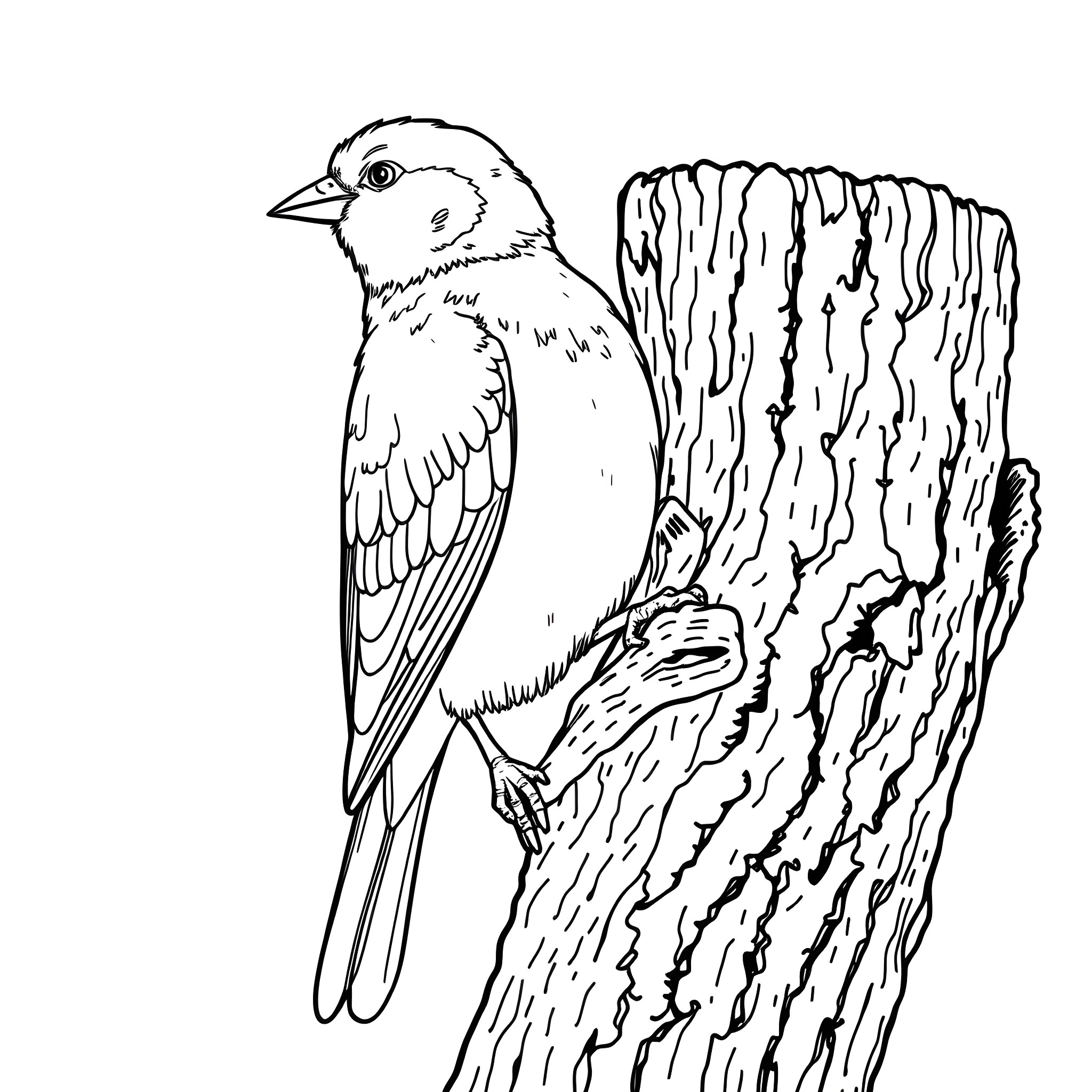 Canary perched on a rough tree branch Coloring Page (free black-and-white line drawing printable PDF for all, from beginners to advanced learners, including children, teens, adults, and seniors)