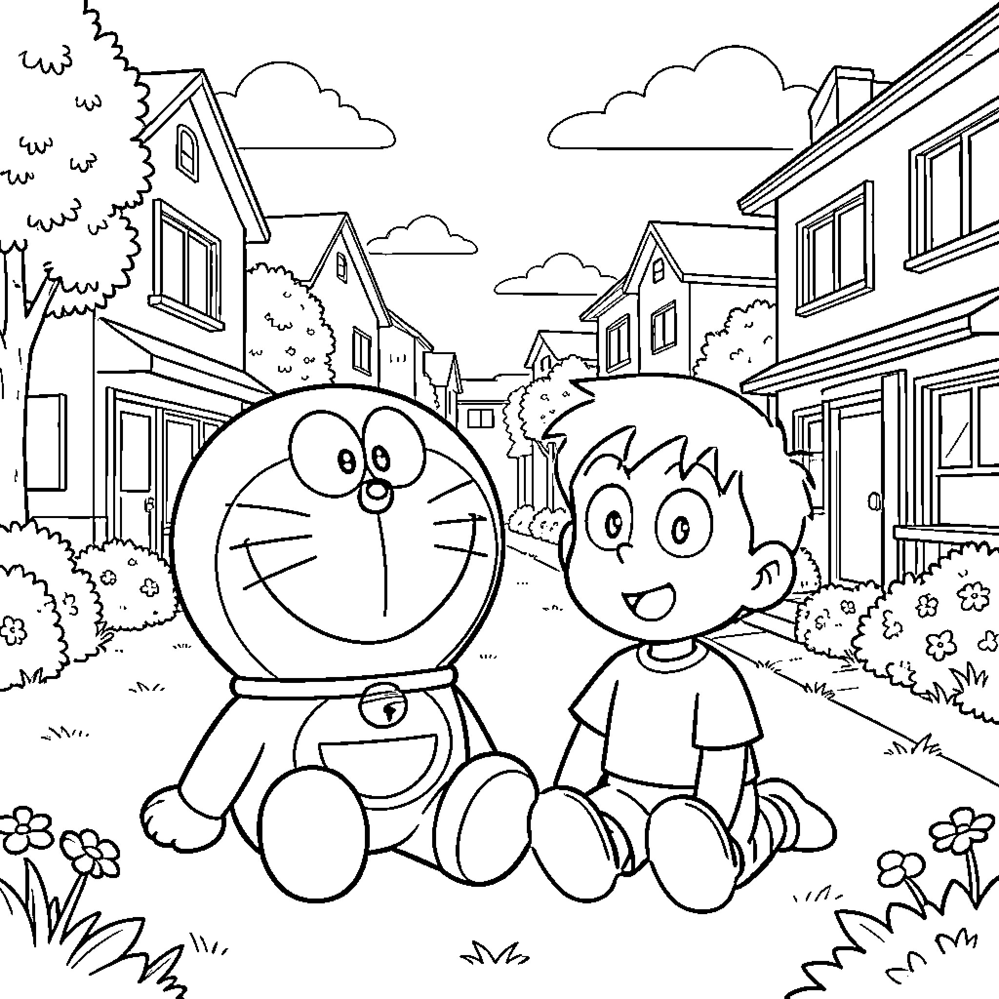Doraemon and Nobita enjoying a day out in the town Coloring Page (free black-and-white line drawing printable PDF for all, from beginners to advanced learners, including children, teens, adults, and seniors)