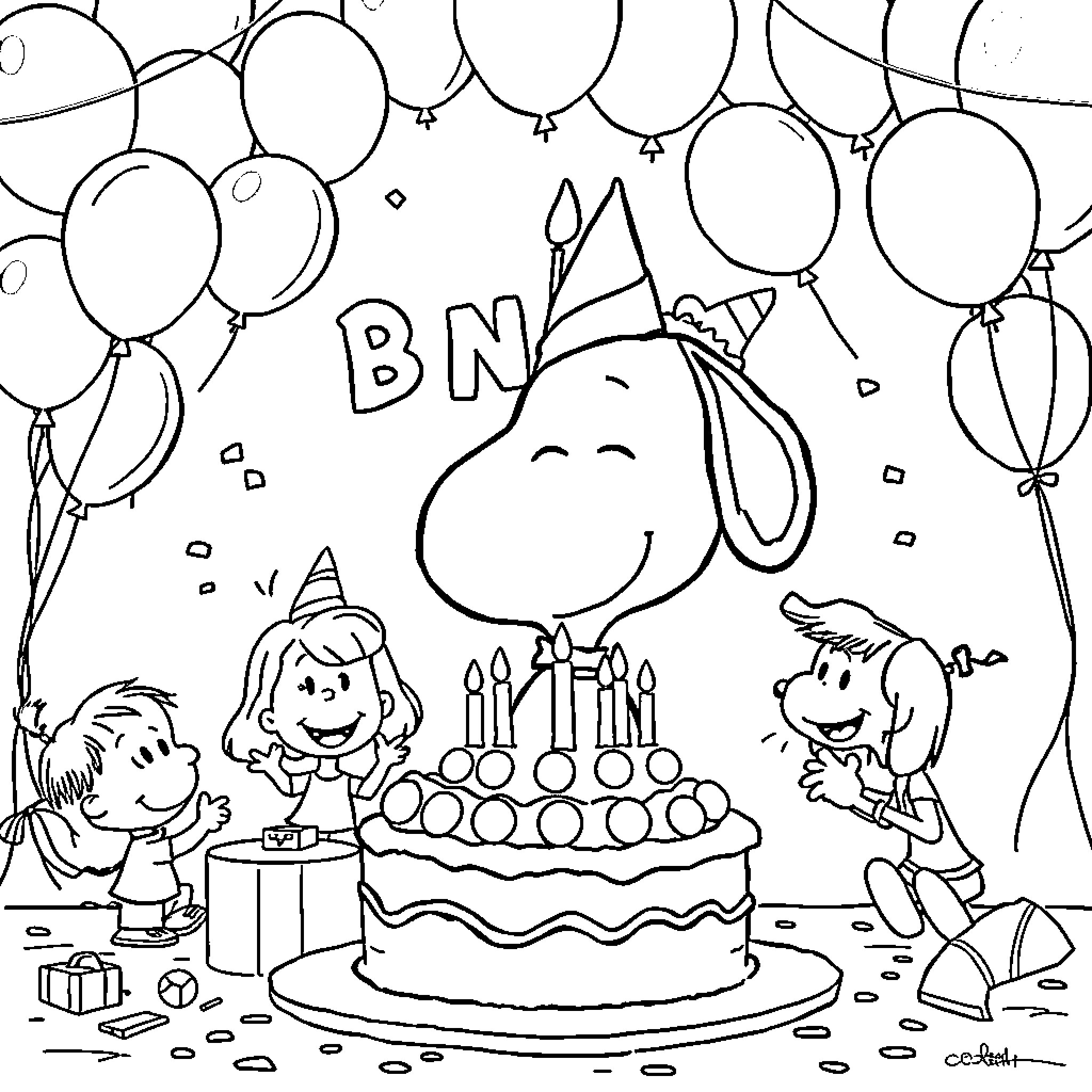 Snoopy celebrates a birthday party with children Coloring Page (free black-and-white line drawing printable PDF for all, from beginners to advanced learners, including children, teens, adults, and seniors)