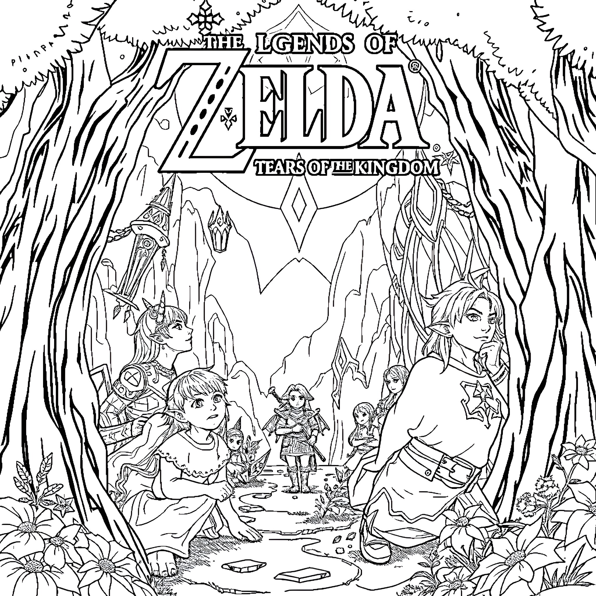 Zelda characters in an enchanted forest Coloring Page (free black-and-white line drawing printable PDF for all, from beginners to advanced learners, including children, teens, adults, and seniors)