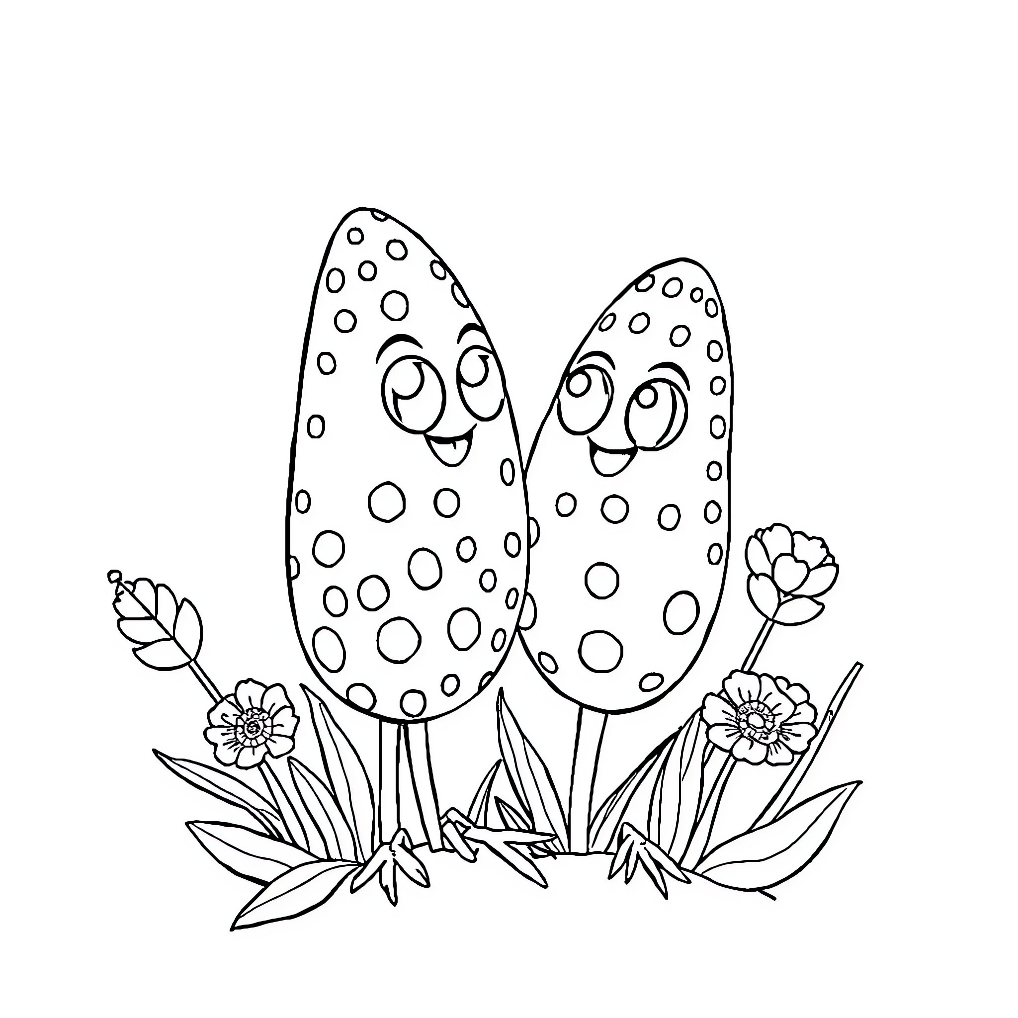 Elote - Playful Spotted Eggs Amid Floral Surroundings Coloring Page (free black-and-white line drawing printable PDF for all, from beginners to advanced learners, including children, teens, adults, and seniors)