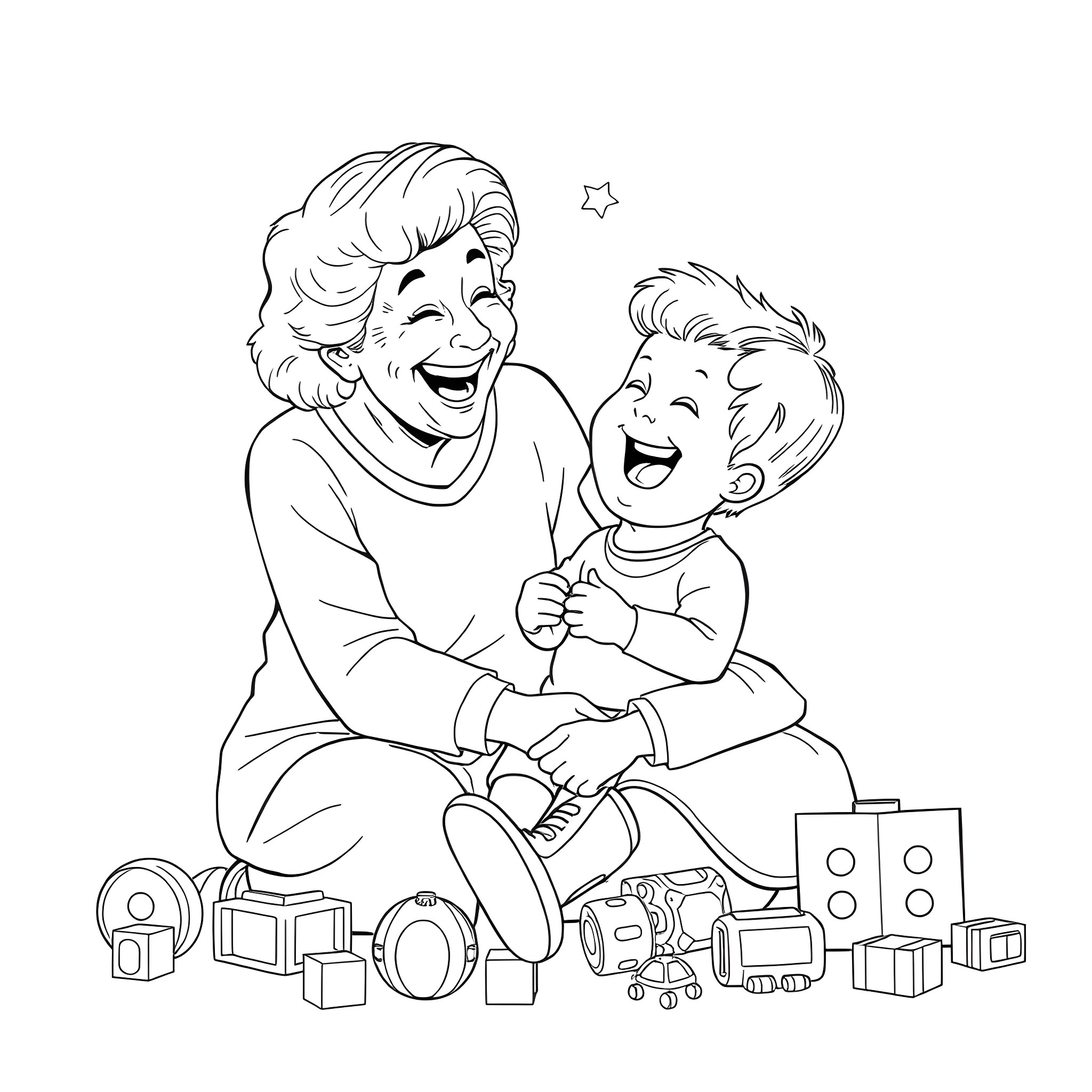 Grandma Delightfully Plays with Grandson Coloring Page (free black-and-white line drawing printable PDF for all, from beginners to advanced learners, including children, teens, adults, and seniors)