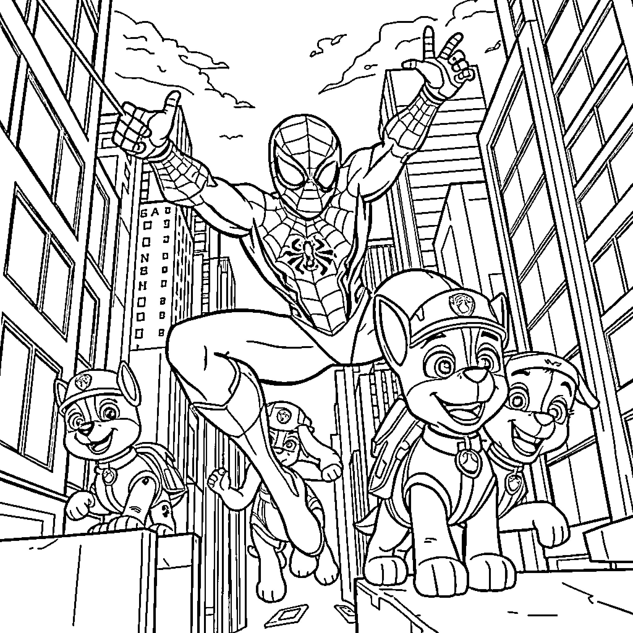 Spiderman protecting the city with sidekick pups Coloring Page (free black-and-white line drawing printable PDF for all, from beginners to advanced learners, including children, teens, adults, and seniors)