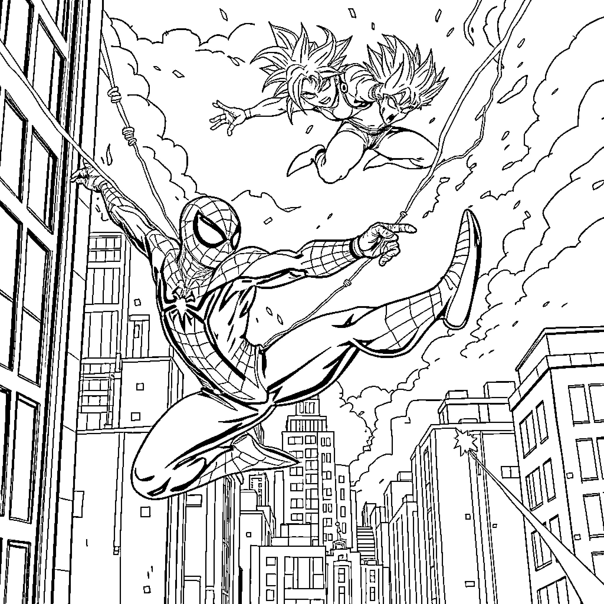 Spider-Man swinging through the city, with powered heroes soaring above Coloring Page (free black-and-white line drawing printable PDF for all, from beginners to advanced learners, including children, teens, adults, and seniors)