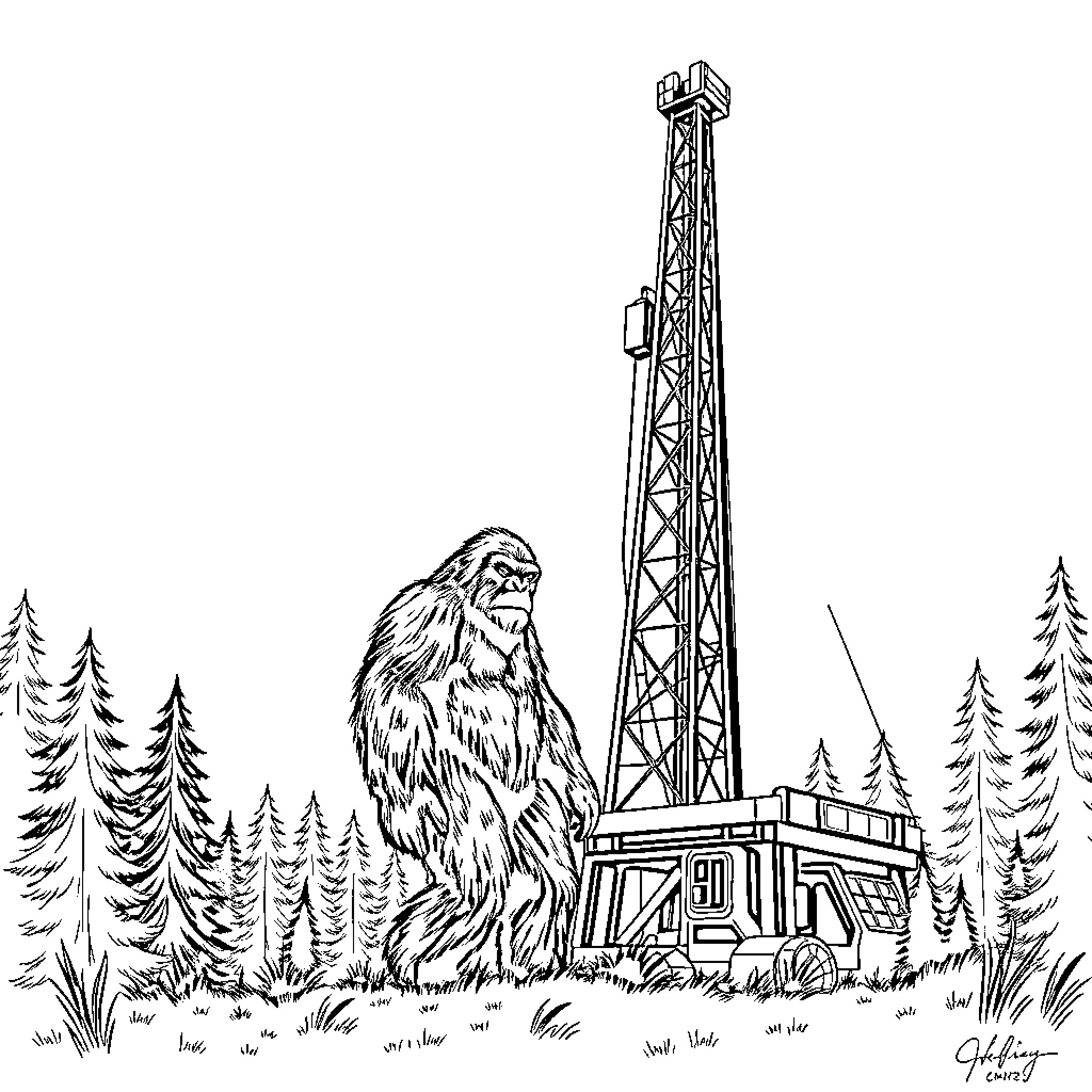 Sasquatch observing oil drilling equipment in the forest Coloring Page (free black-and-white line drawing printable PDF for all, from beginners to advanced learners, including children, teens, adults, and seniors)