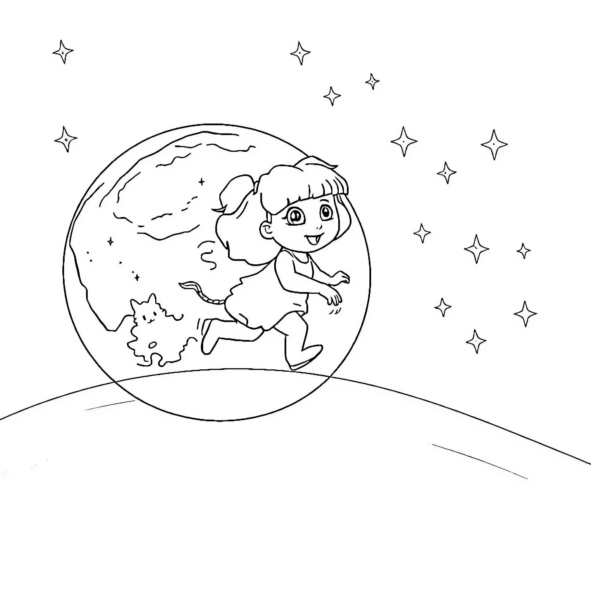Dora's Starry Night Adventure Coloring Page (free black-and-white line drawing printable PDF for all, from beginners to advanced learners, including children, teens, adults, and seniors)