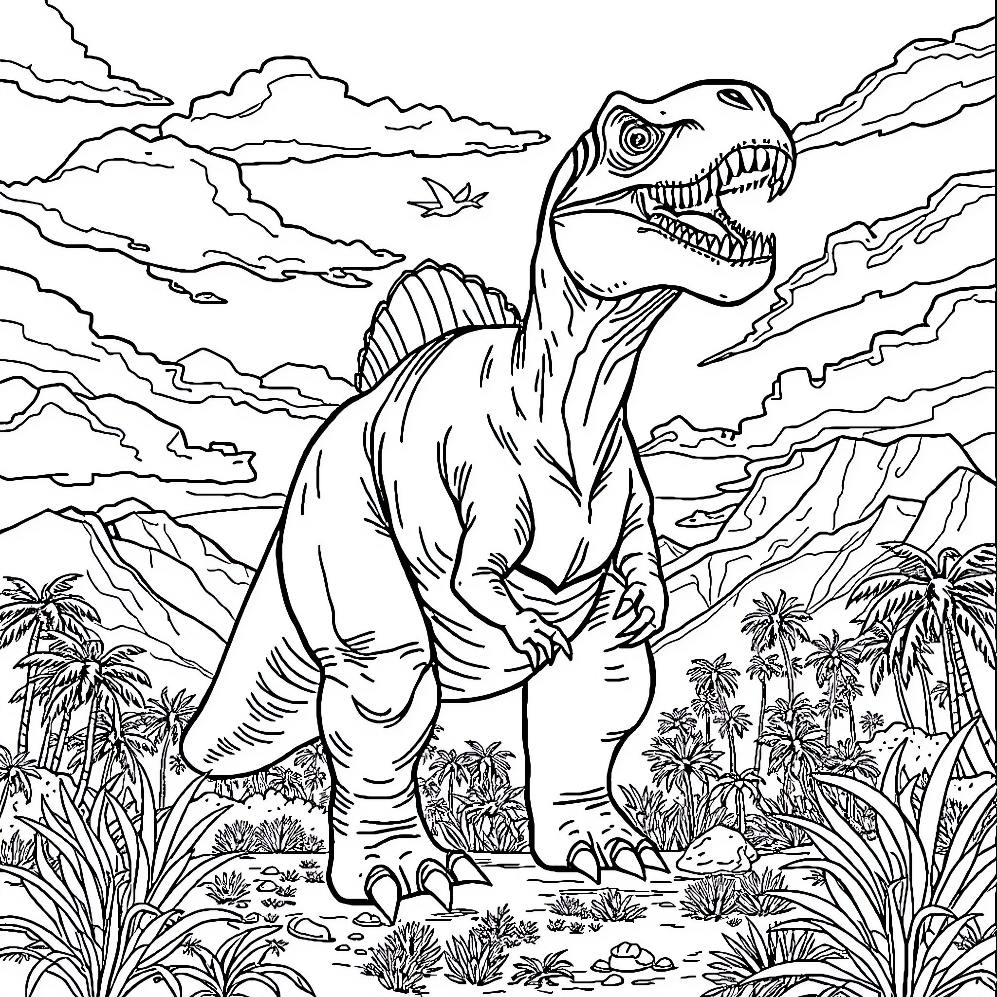 Dinosaur roaring fiercely in prehistoric landscape Coloring Page (free black-and-white line drawing printable PDF for all, from beginners to advanced learners, including children, teens, adults, and seniors)