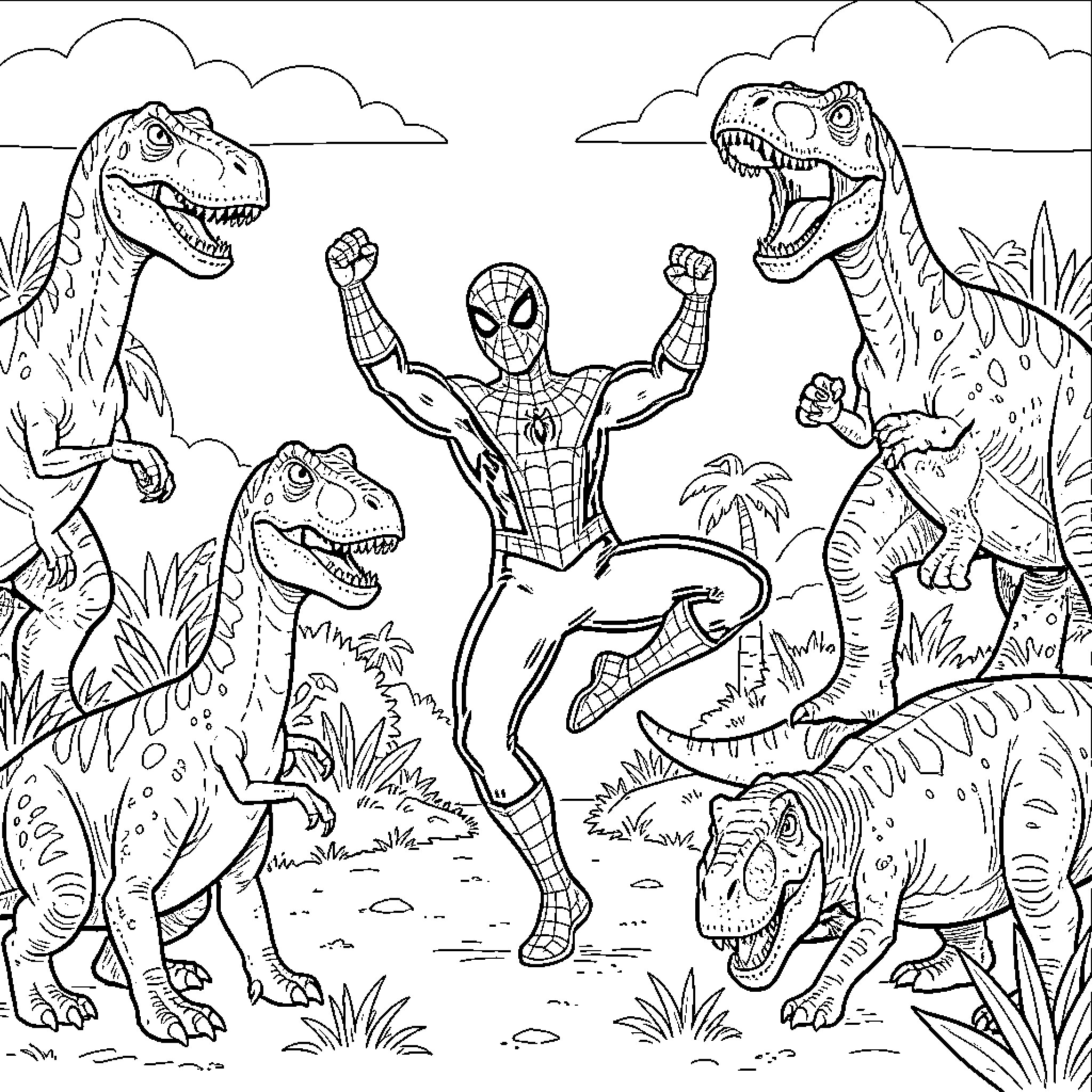 Spiderman posing heroically surrounded by dinosaurs in a jungle Coloring Page (free black-and-white line drawing printable PDF for all, from beginners to advanced learners, including children, teens, adults, and seniors)
