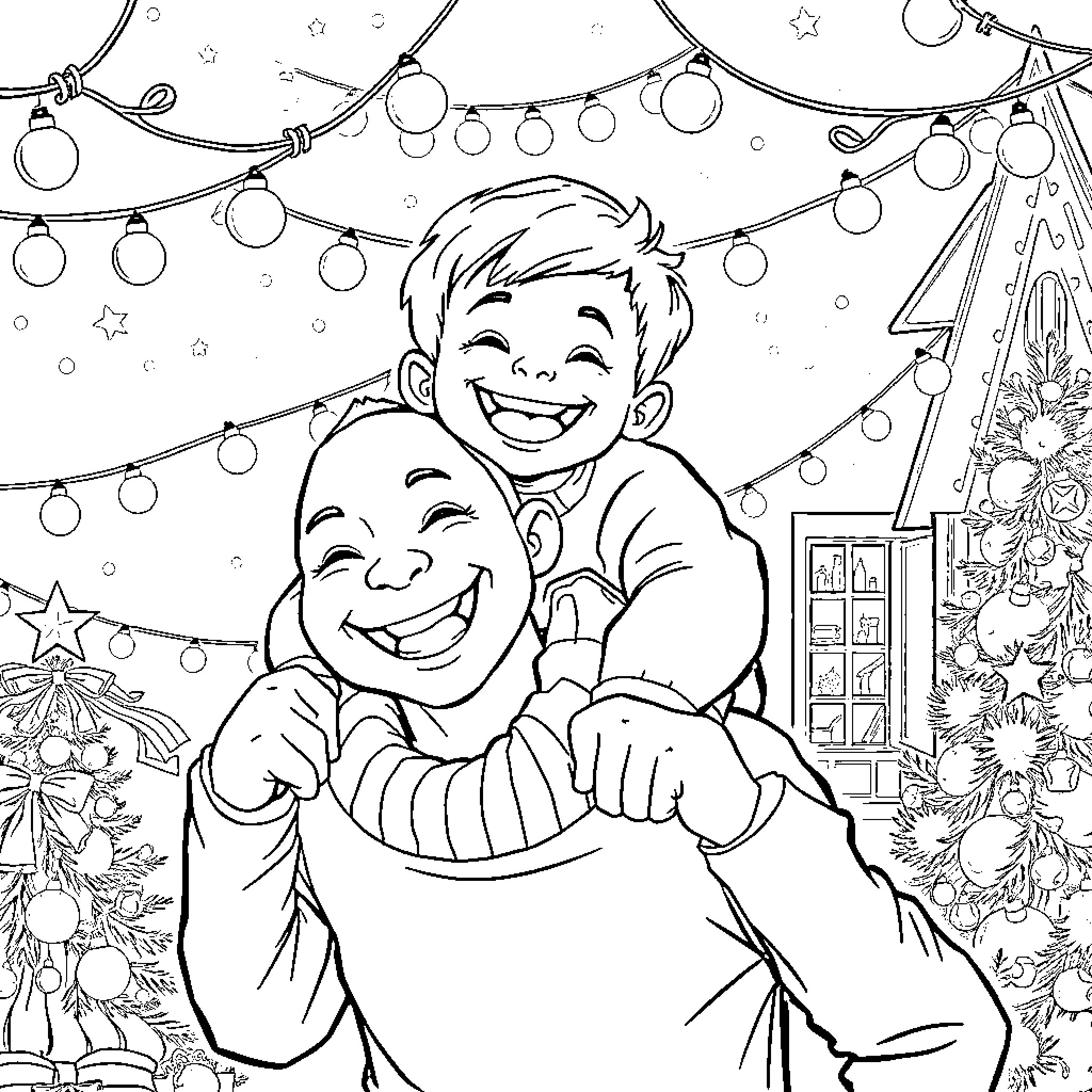 Child's Christmas joy with family Coloring Page (free black-and-white line drawing printable PDF for all, from beginners to advanced learners, including children, teens, adults, and seniors)