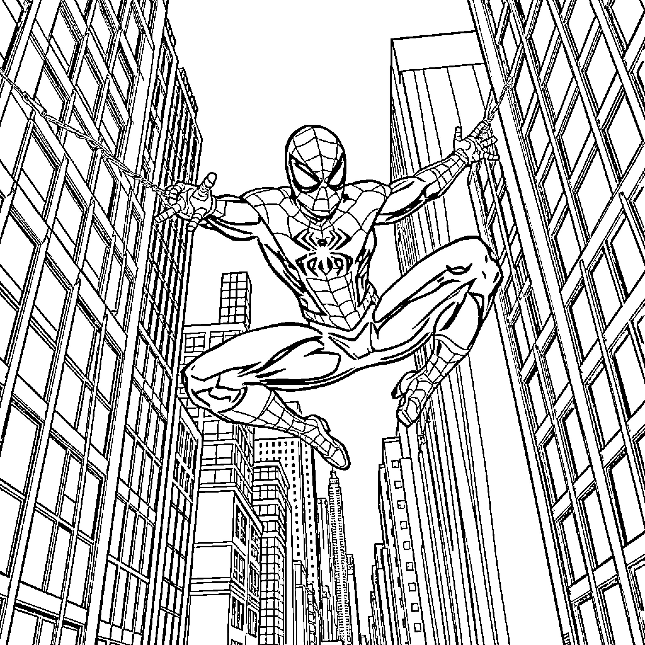 Spiderman swinging through the city skyline Coloring Page (free black-and-white line drawing printable PDF for all, from beginners to advanced learners, including children, teens, adults, and seniors)
