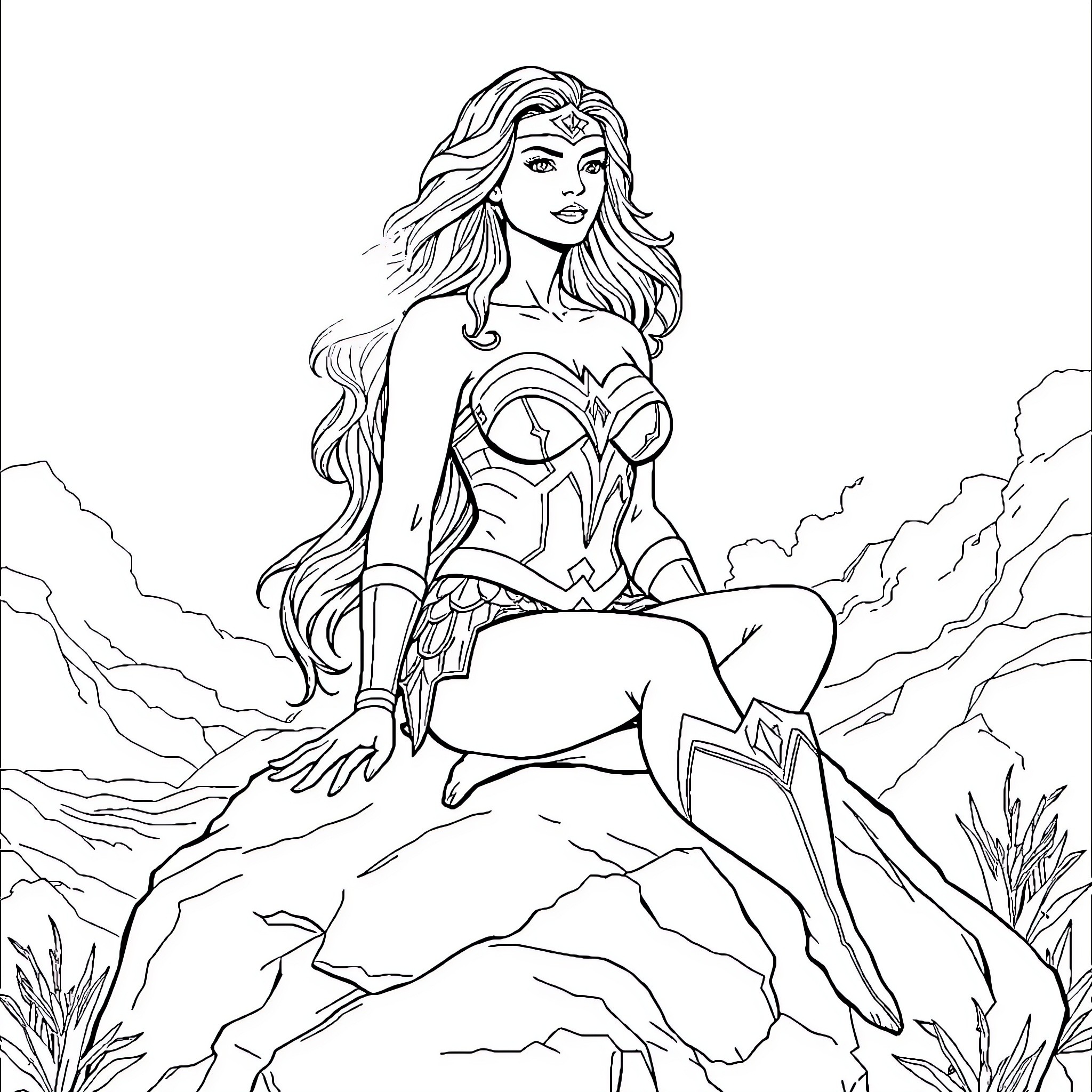 Wonder Woman standing confidently on rocky terrain Coloring Page (free black-and-white line drawing printable PDF for all, from beginners to advanced learners, including children, teens, adults, and seniors)
