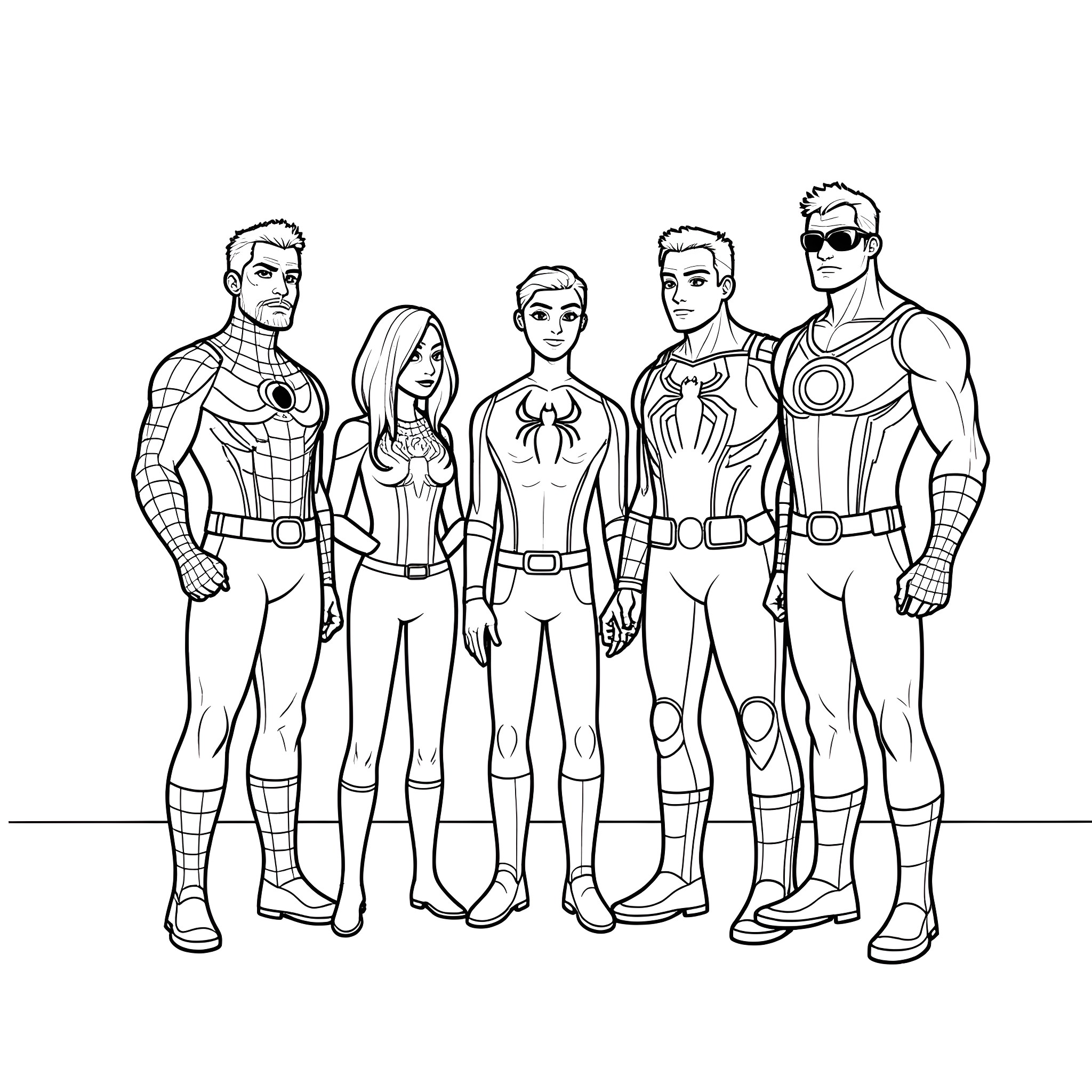 Hank's Heroic Team: Superheroes in Costume Coloring Page (free black-and-white line drawing printable PDF for all, from beginners to advanced learners, including children, teens, adults, and seniors)