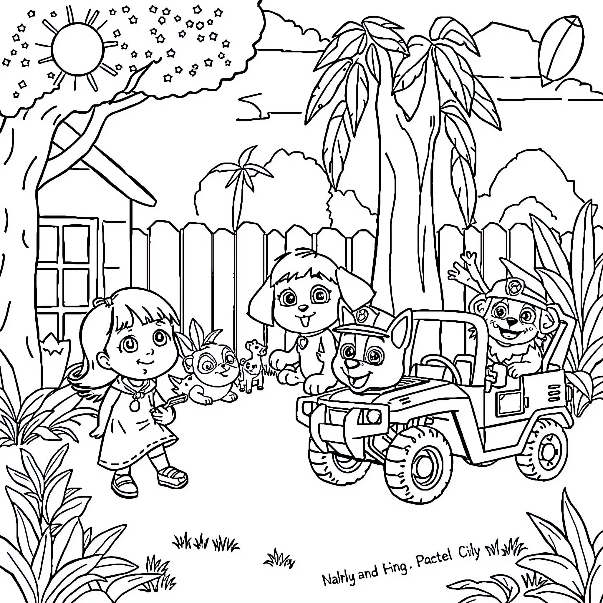 Character playing with friends in tropical landscape Coloring Page (free black-and-white line drawing printable PDF for all, from beginners to advanced learners, including children, teens, adults, and seniors)
