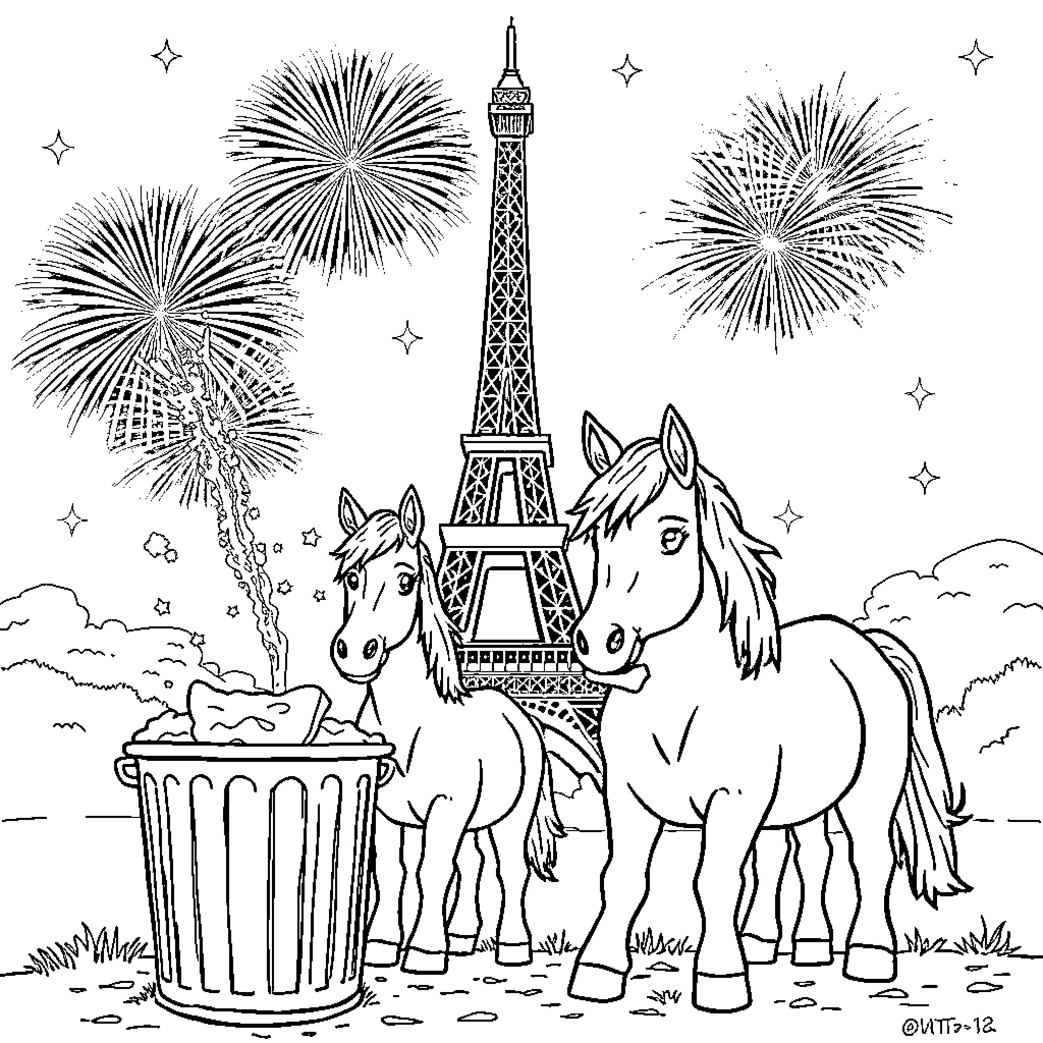 Eiffel Tower and Horses Celebrating with Fireworks Coloring Page (free black-and-white line drawing printable PDF for all, from beginners to advanced learners, including children, teens, adults, and seniors)