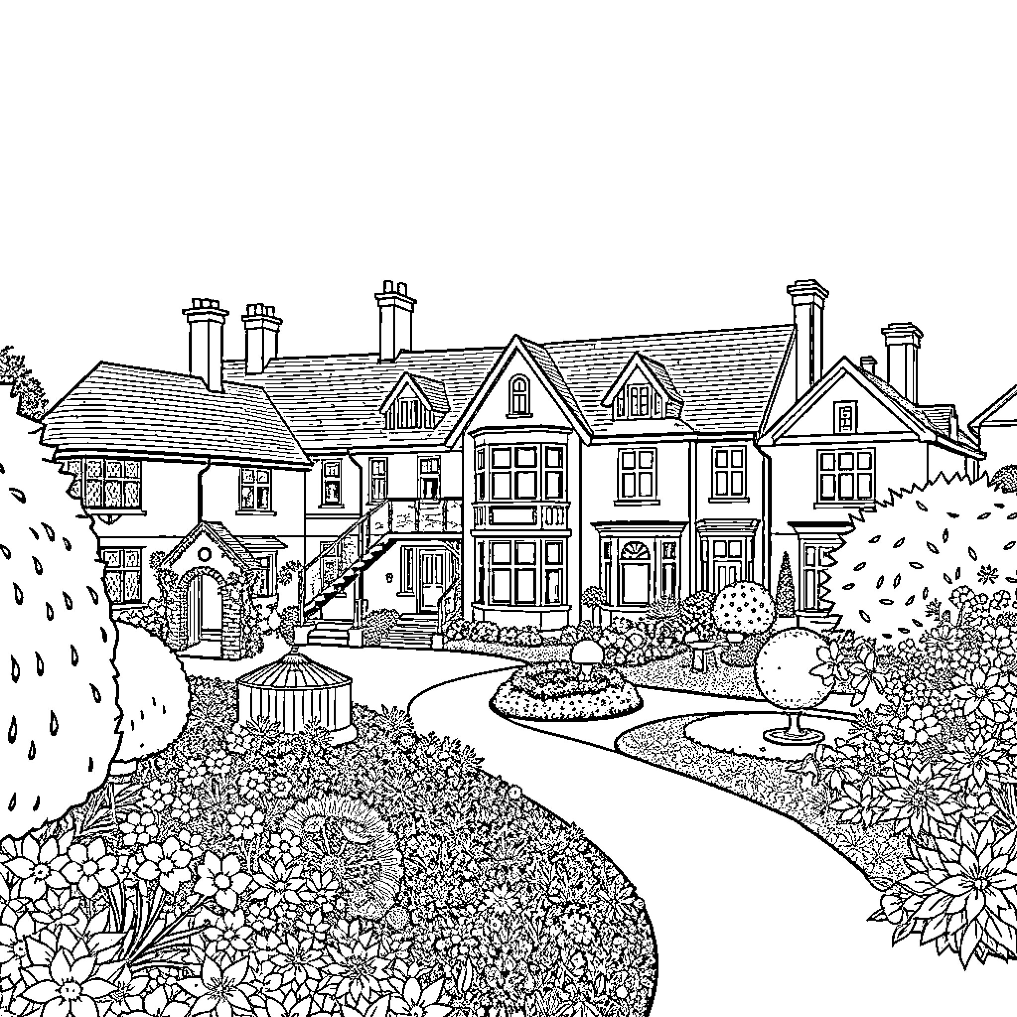 Port Sunlight: Quaint Village Homes and Lush Gardens Coloring Page (free black-and-white line drawing printable PDF for all, from beginners to advanced learners, including children, teens, adults, and seniors)