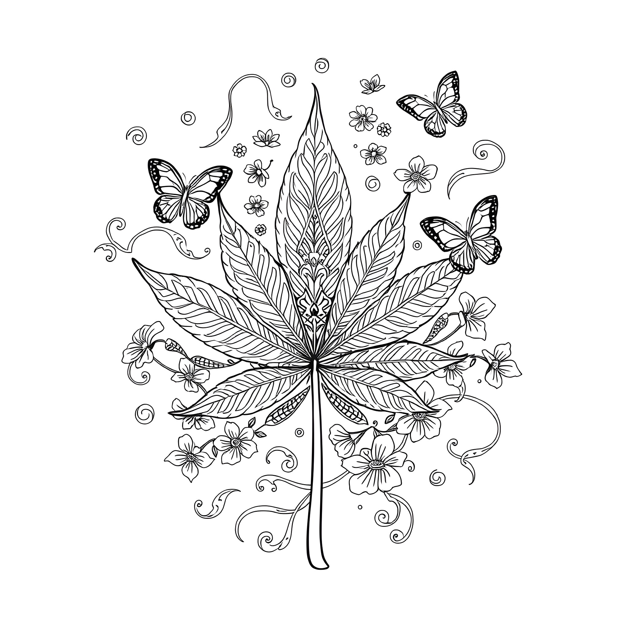 Cannabis Leaf with Butterflies and Flowers Coloring Page (free black-and-white line drawing printable PDF for all, from beginners to advanced learners, including children, teens, adults, and seniors)