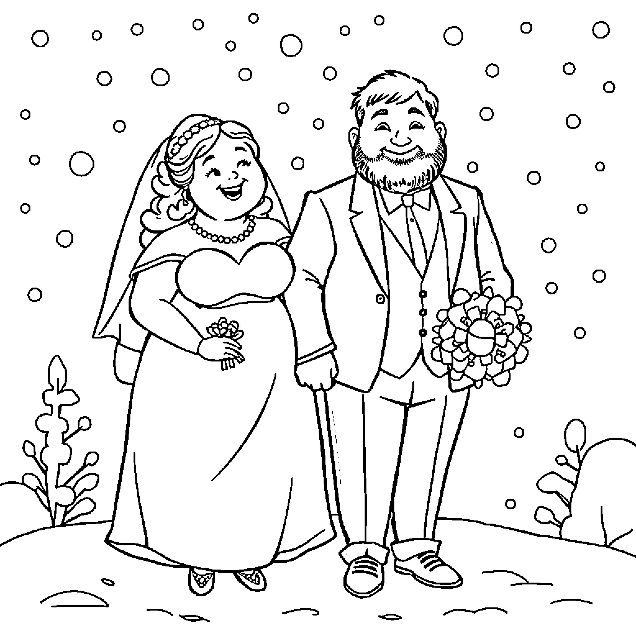 Bride and Groom Celebrating Their Marriage Coloring Page (free black-and-white line drawing printable PDF for all, from beginners to advanced learners, including children, teens, adults, and seniors)