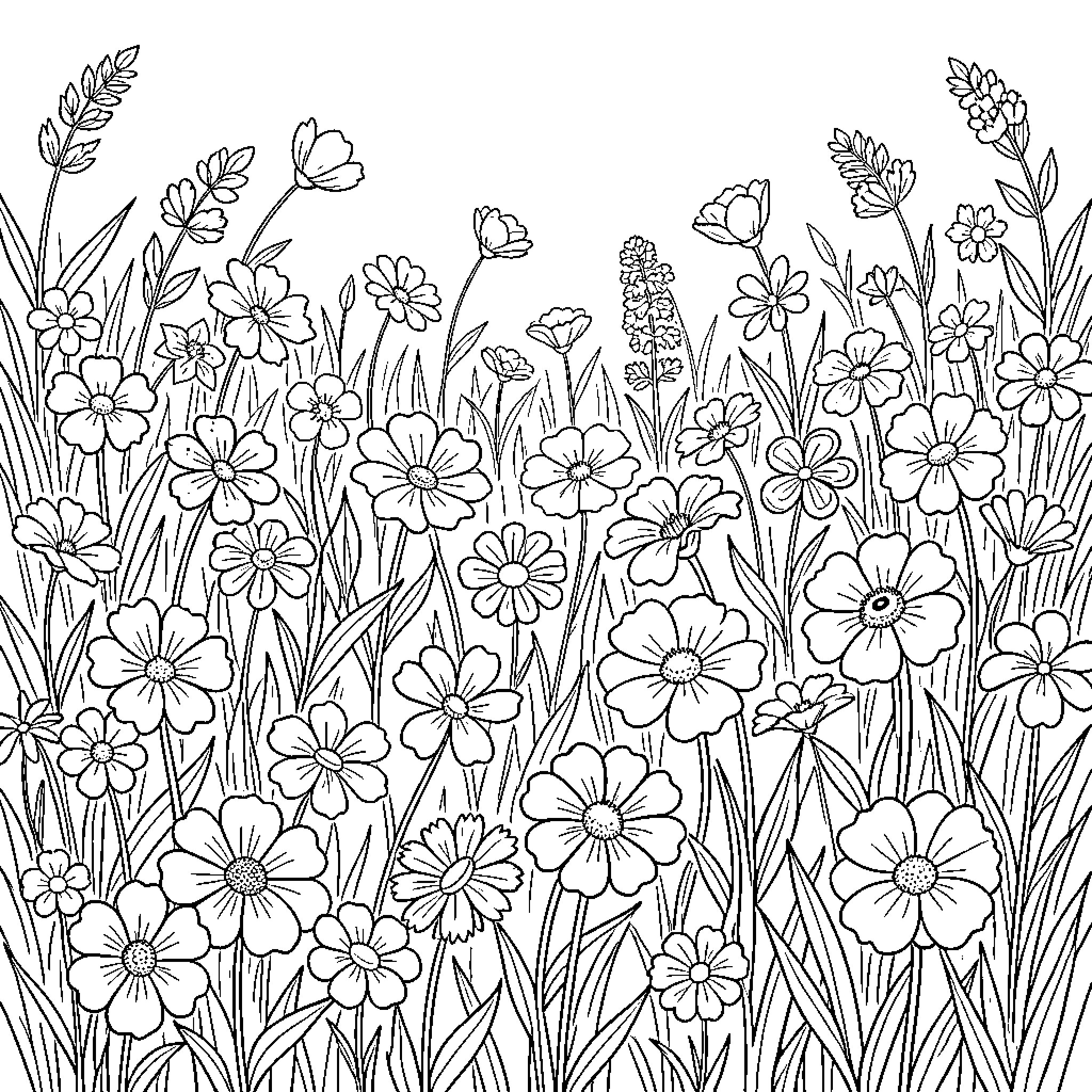 Flower meadow growing densely in a natural field Coloring Page (free black-and-white line drawing printable PDF for all, from beginners to advanced learners, including children, teens, adults, and seniors)