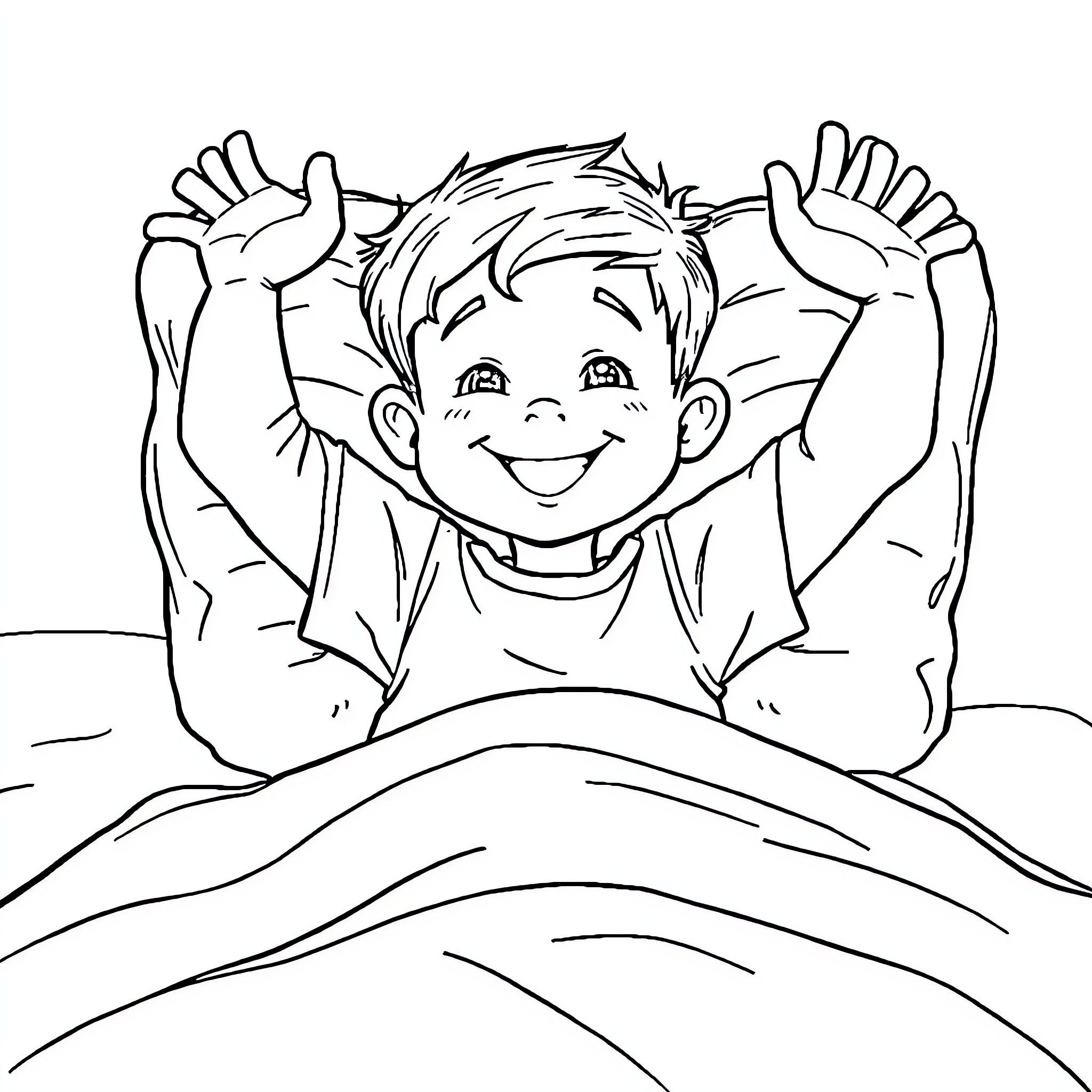 Boy joyfully stretching in bed Coloring Page (free black-and-white line drawing printable PDF for all, from beginners to advanced learners, including children, teens, adults, and seniors)