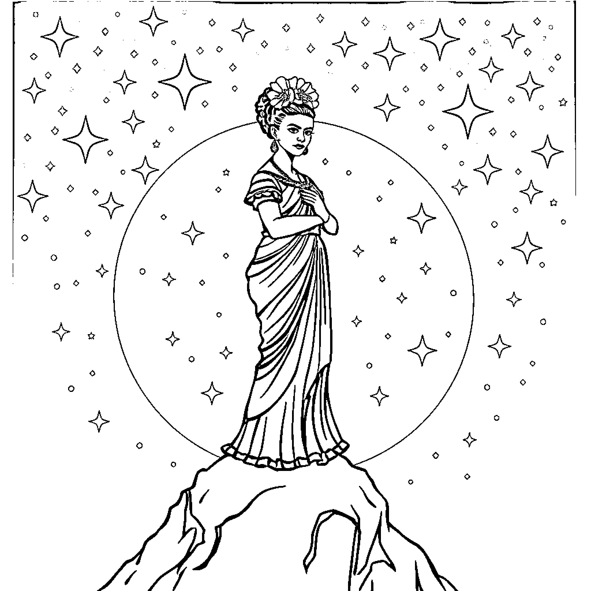 Frida standing proudly amidst the starry sky Coloring Page (free black-and-white line drawing printable PDF for all, from beginners to advanced learners, including children, teens, adults, and seniors)