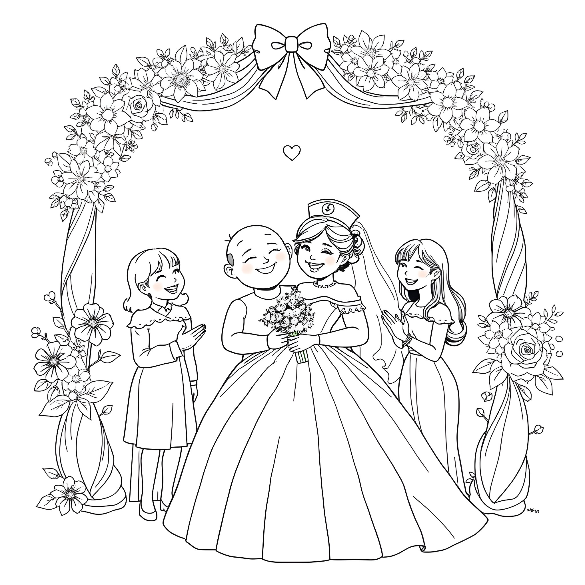 Nurse performing wedding ceremony in floral arch Coloring Page (free black-and-white line drawing printable PDF for all, from beginners to advanced learners, including children, teens, adults, and seniors)