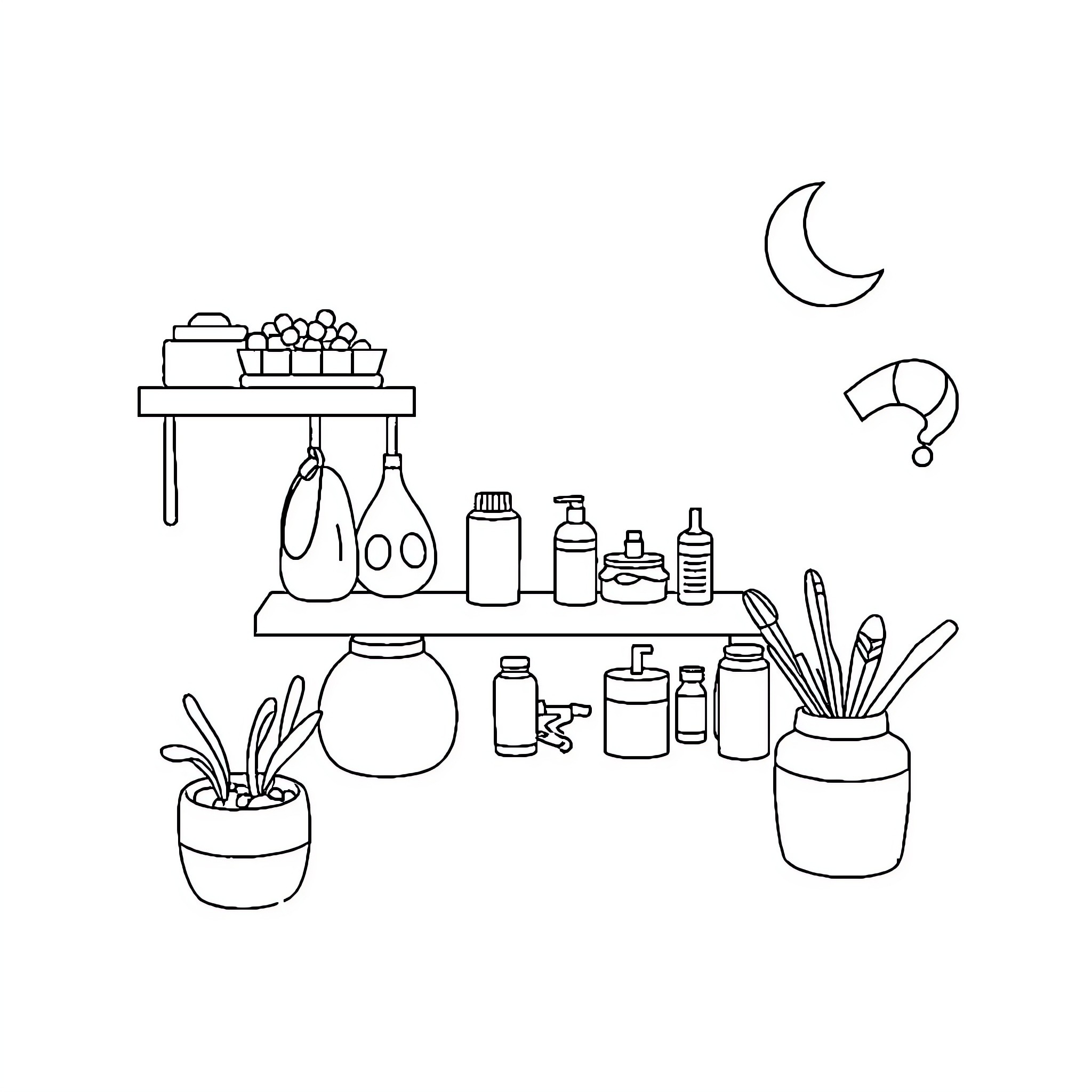 Routine Workspace with Everyday Items and Plants Coloring Page (free black-and-white line drawing printable PDF for all, from beginners to advanced learners, including children, teens, adults, and seniors)