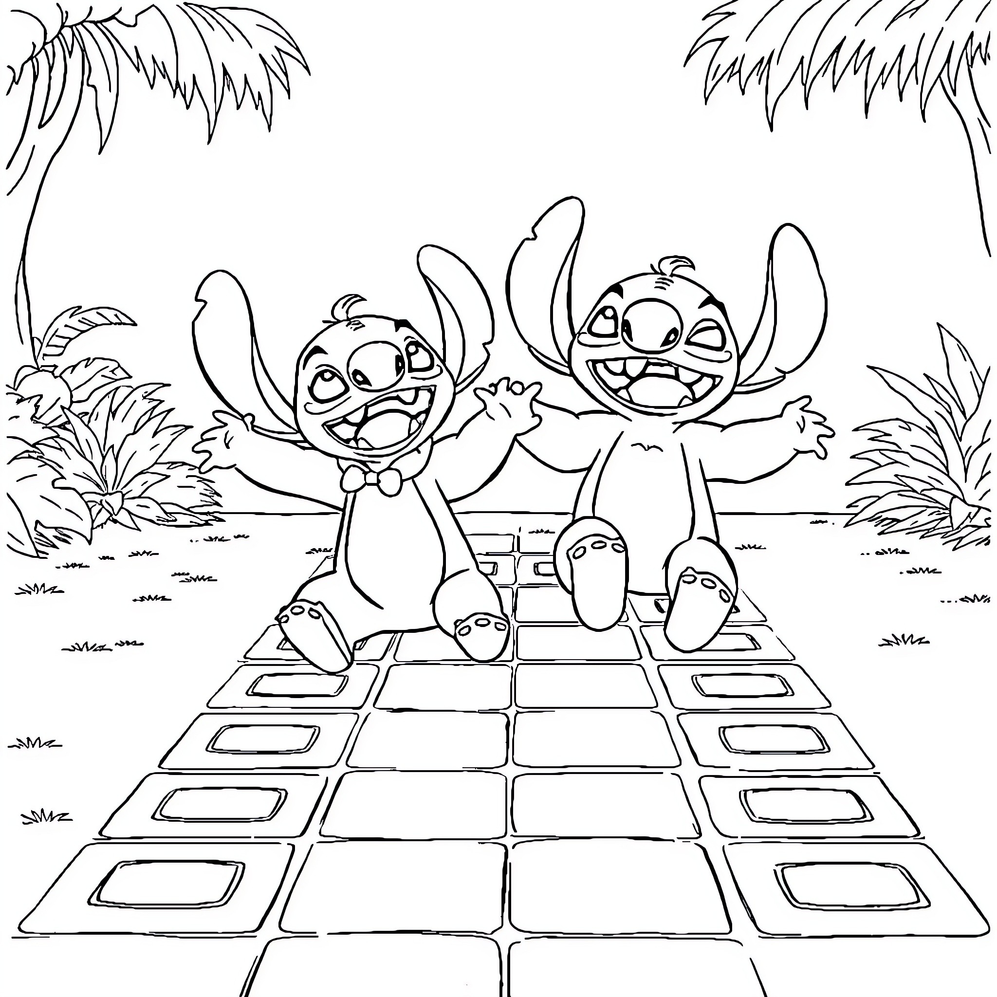 Lilo And Stitch Having Fun on Checkerboard Path Coloring Page (free black-and-white line drawing printable PDF for all, from beginners to advanced learners, including children, teens, adults, and seniors)