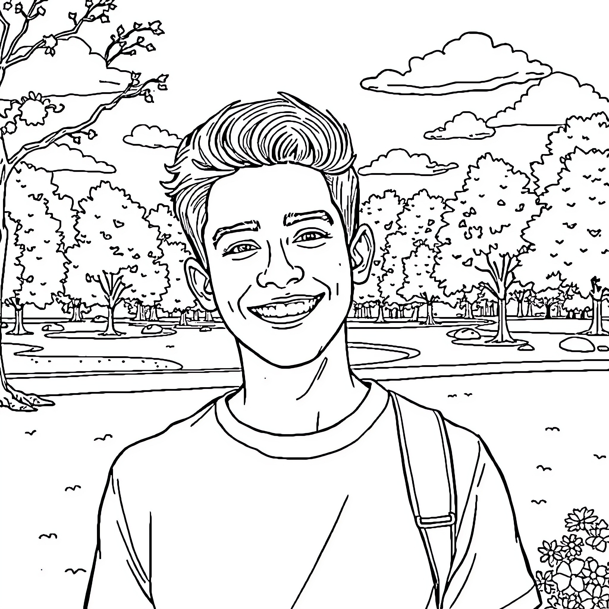 Samuel's Joyful Adventure in the Outdoors Coloring Page (free black-and-white line drawing printable PDF for all, from beginners to advanced learners, including children, teens, adults, and seniors)