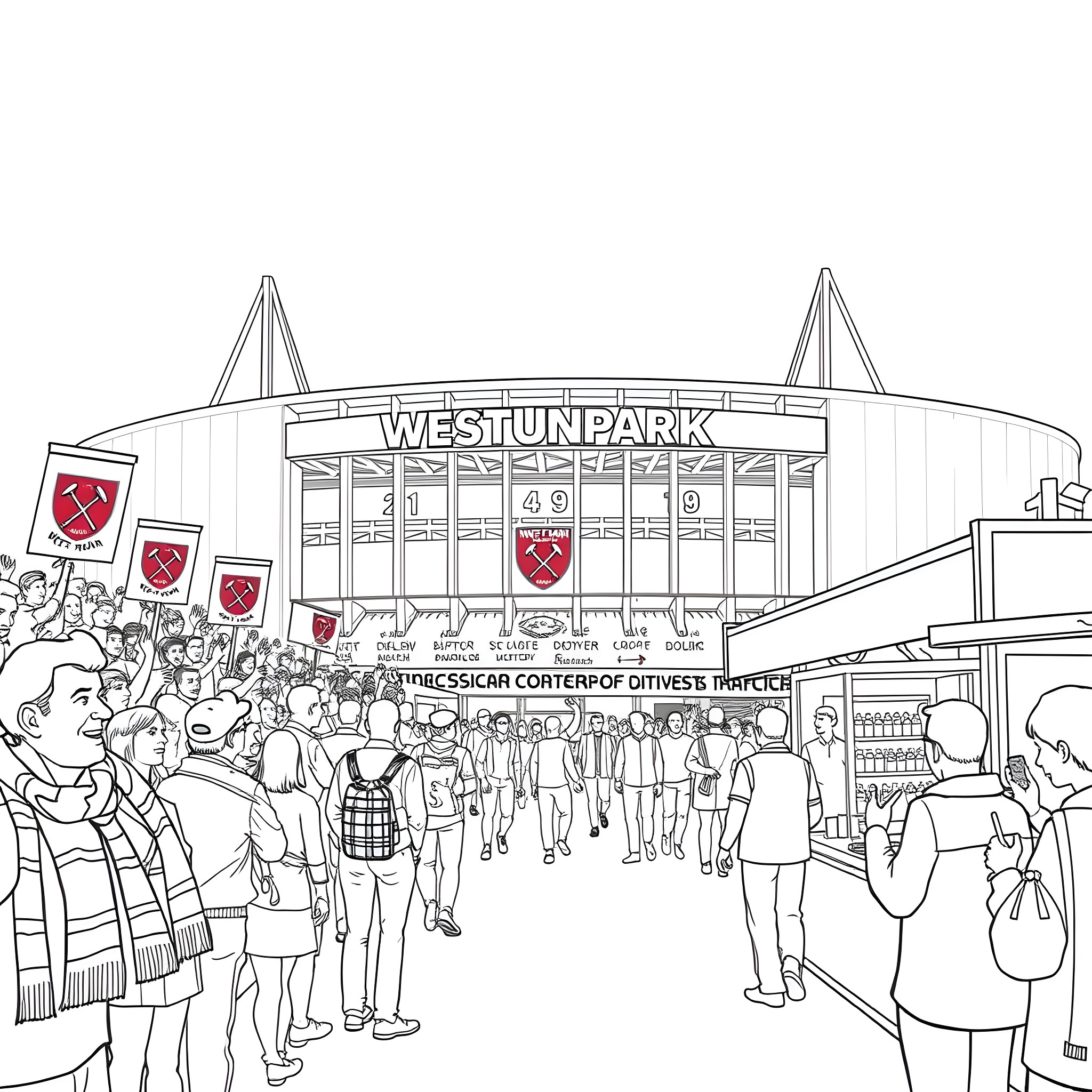 West Ham supporters gathering outside the stadium Coloring Page (free black-and-white line drawing printable PDF for all, from beginners to advanced learners, including children, teens, adults, and seniors)