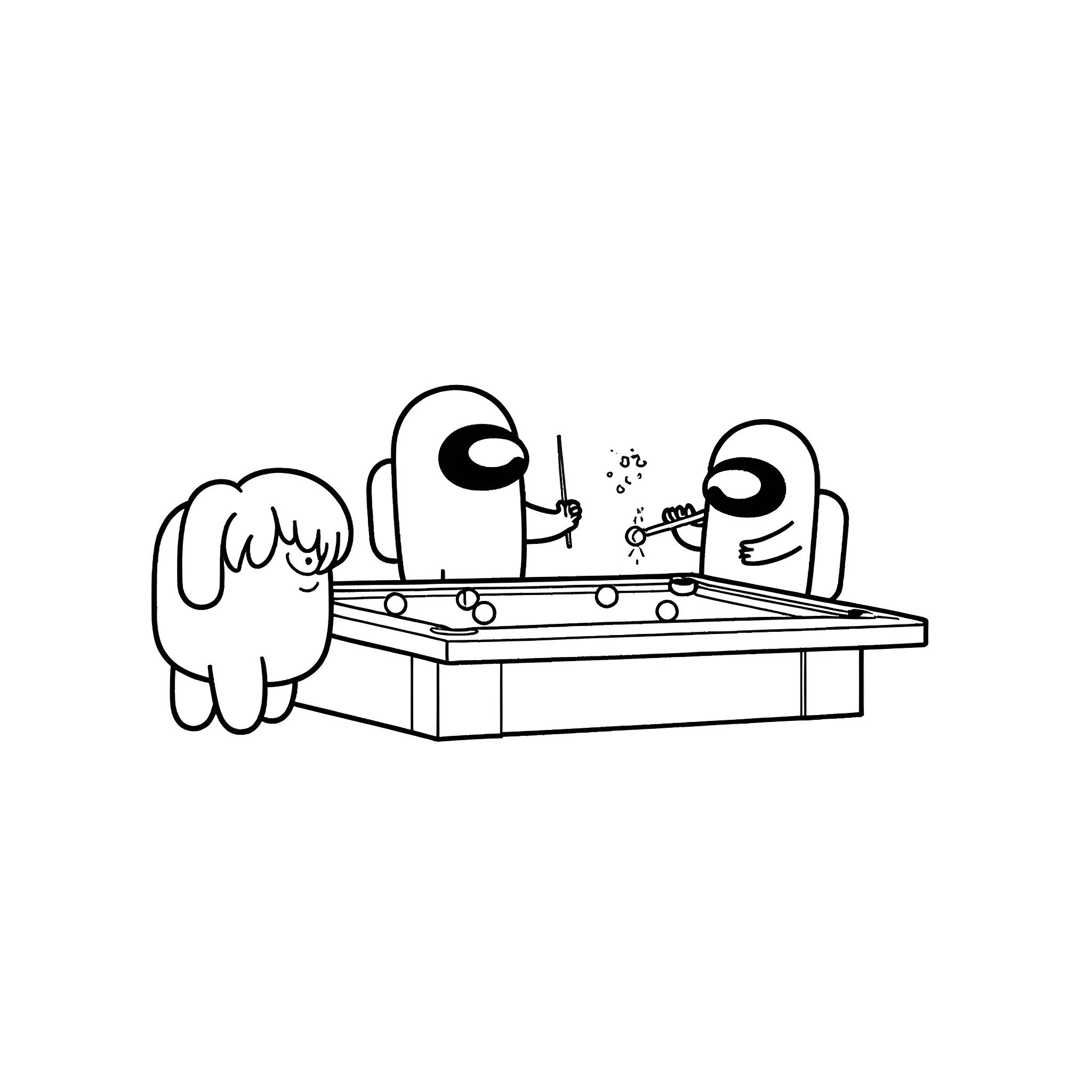 Among Us Characters Playing Game Together Coloring Page (free black-and-white line drawing printable PDF for all, from beginners to advanced learners, including children, teens, adults, and seniors)