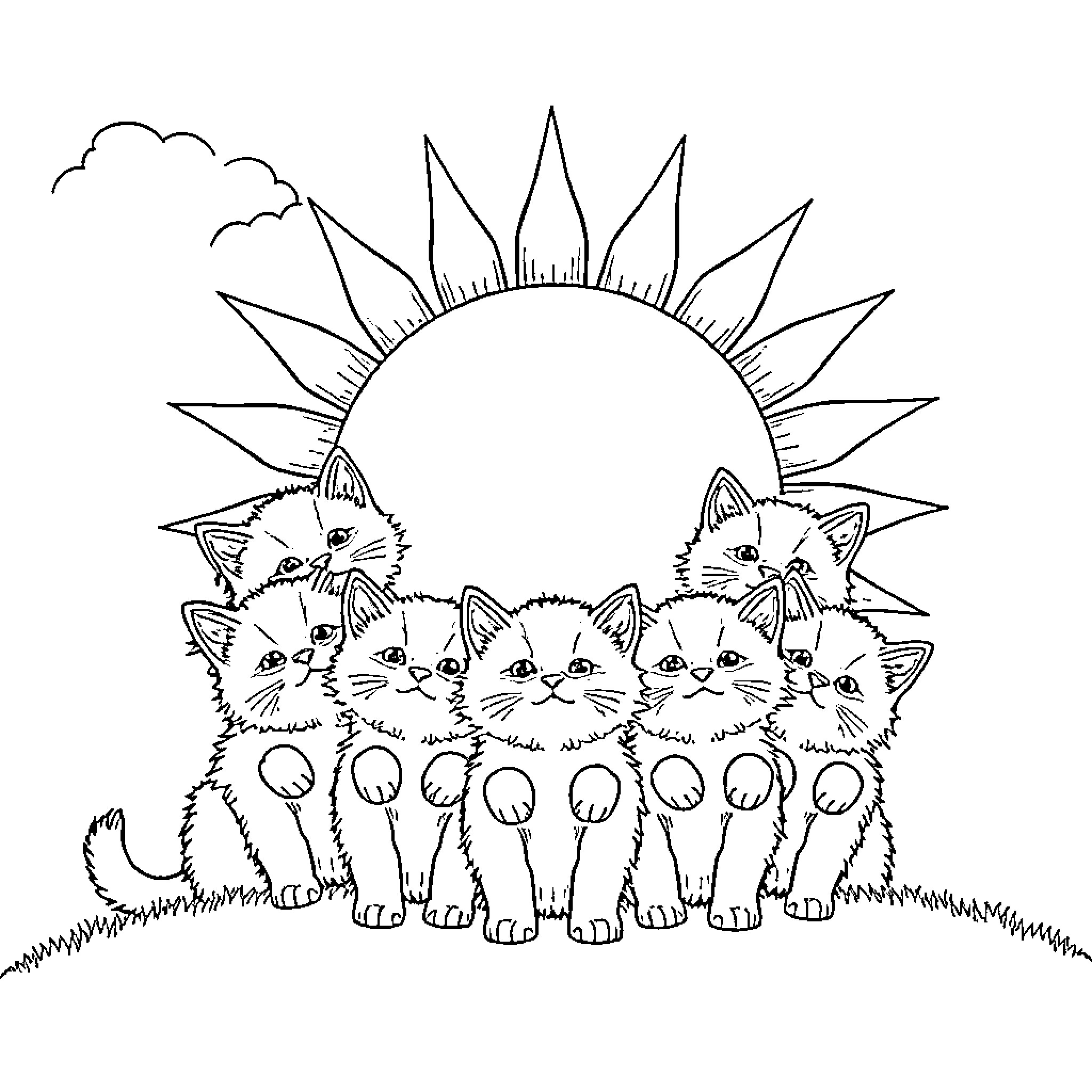 Sun shining on playful kittens Coloring Page (free black-and-white line drawing printable PDF for all, from beginners to advanced learners, including children, teens, adults, and seniors)