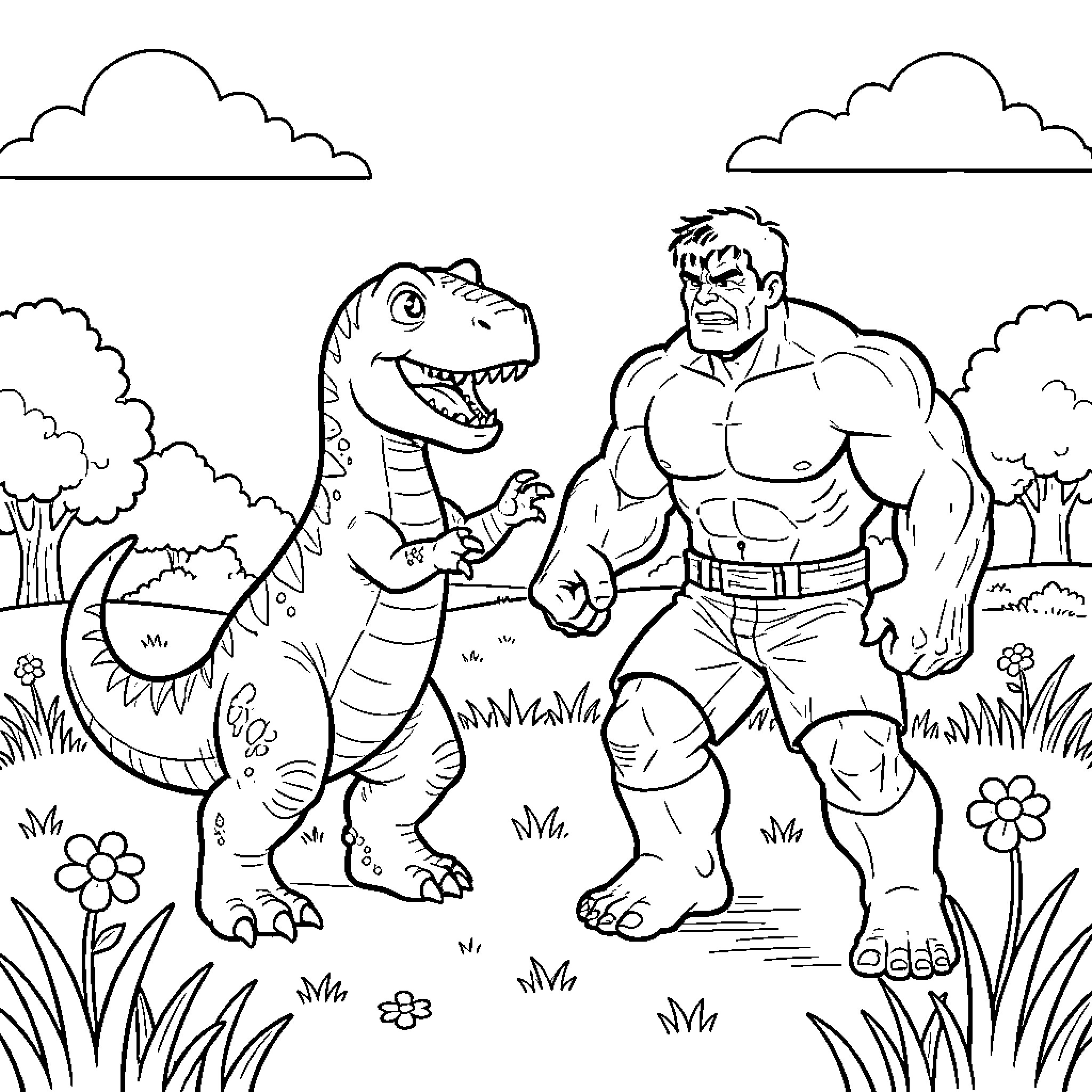 Dinosaur smiling and interacting with a muscular man Coloring Page (free black-and-white line drawing printable PDF for all, from beginners to advanced learners, including children, teens, adults, and seniors)