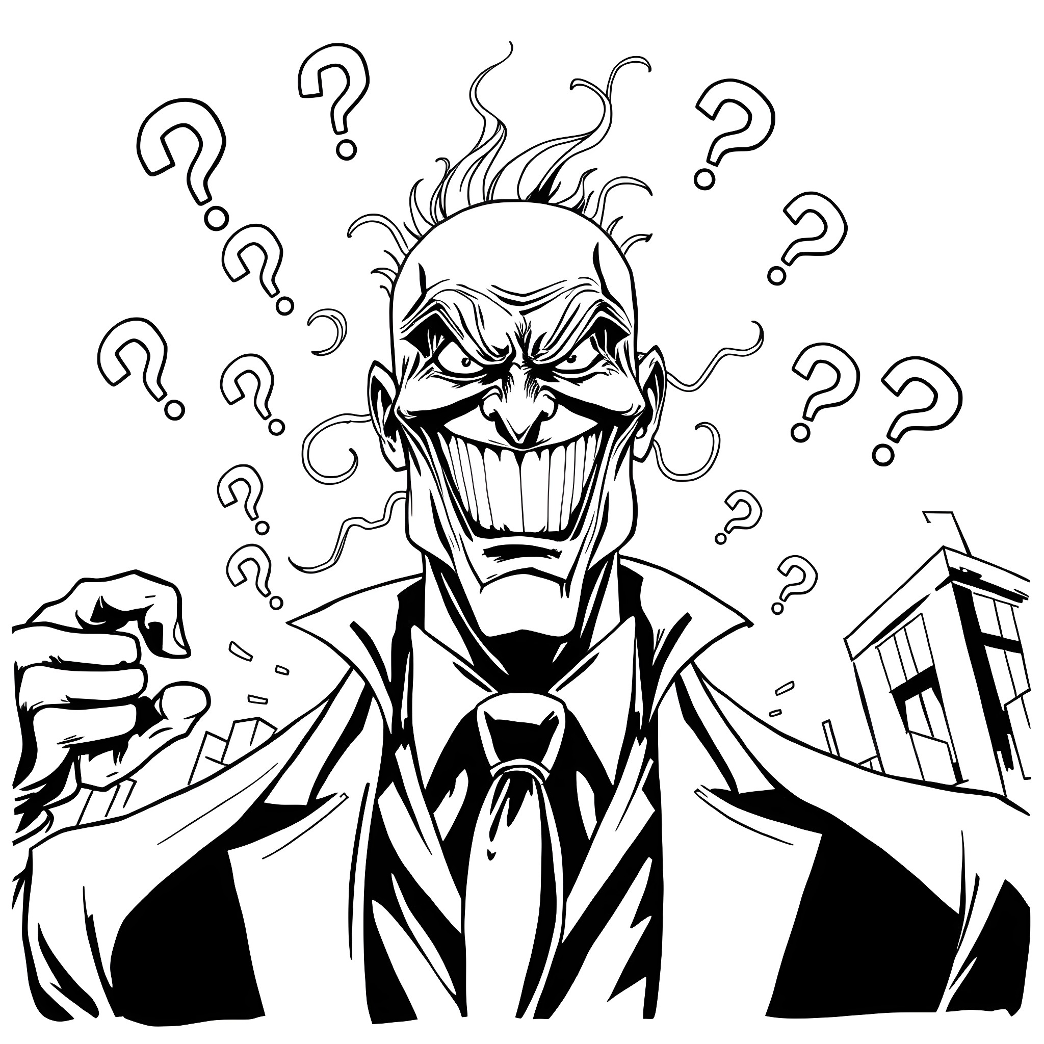 Riddler in a puzzling situation Coloring Page (free black-and-white line drawing printable PDF for all, from beginners to advanced learners, including children, teens, adults, and seniors)