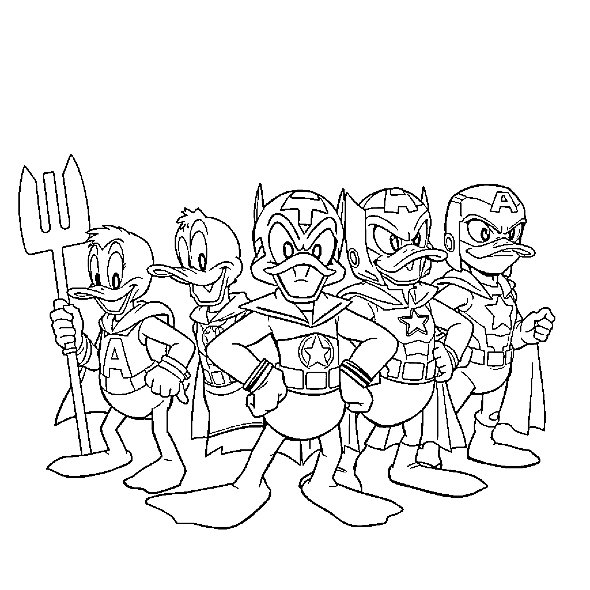 Duck superheroes unite in action poses Coloring Page (free black-and-white line drawing printable PDF for all, from beginners to advanced learners, including children, teens, adults, and seniors)