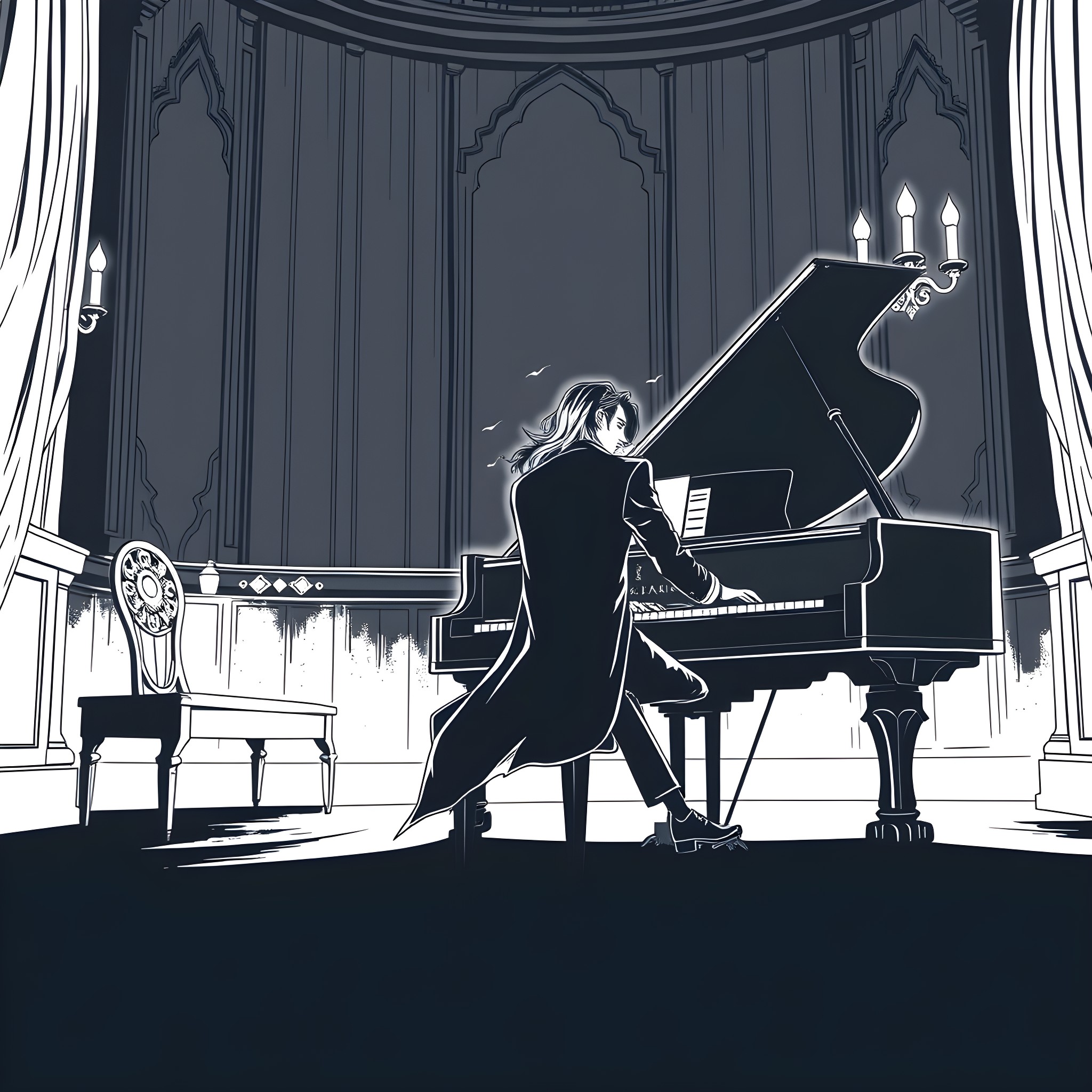 Alucard playing piano in grand hall Coloring Page (free black-and-white line drawing printable PDF for all, from beginners to advanced learners, including children, teens, adults, and seniors)