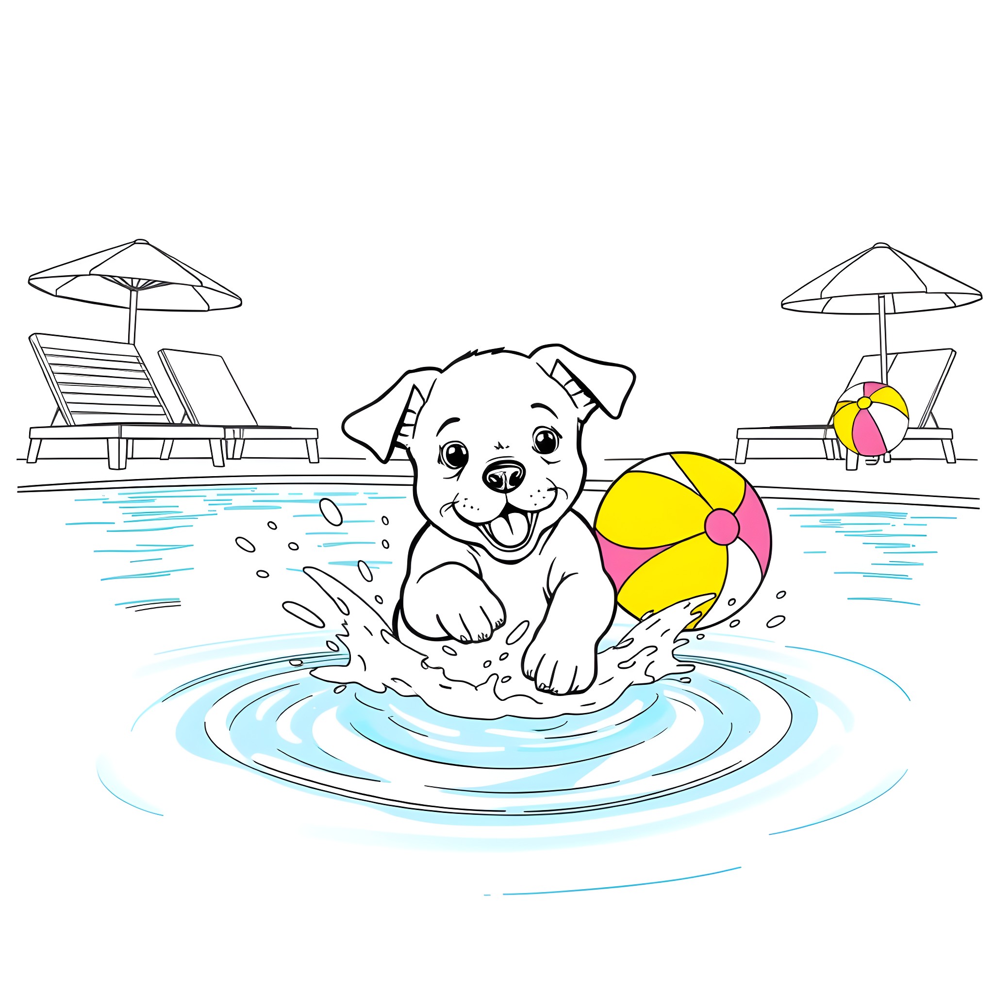 Puppy playing happily in the pool Coloring Page (free black-and-white line drawing printable PDF for all, from beginners to advanced learners, including children, teens, adults, and seniors)
