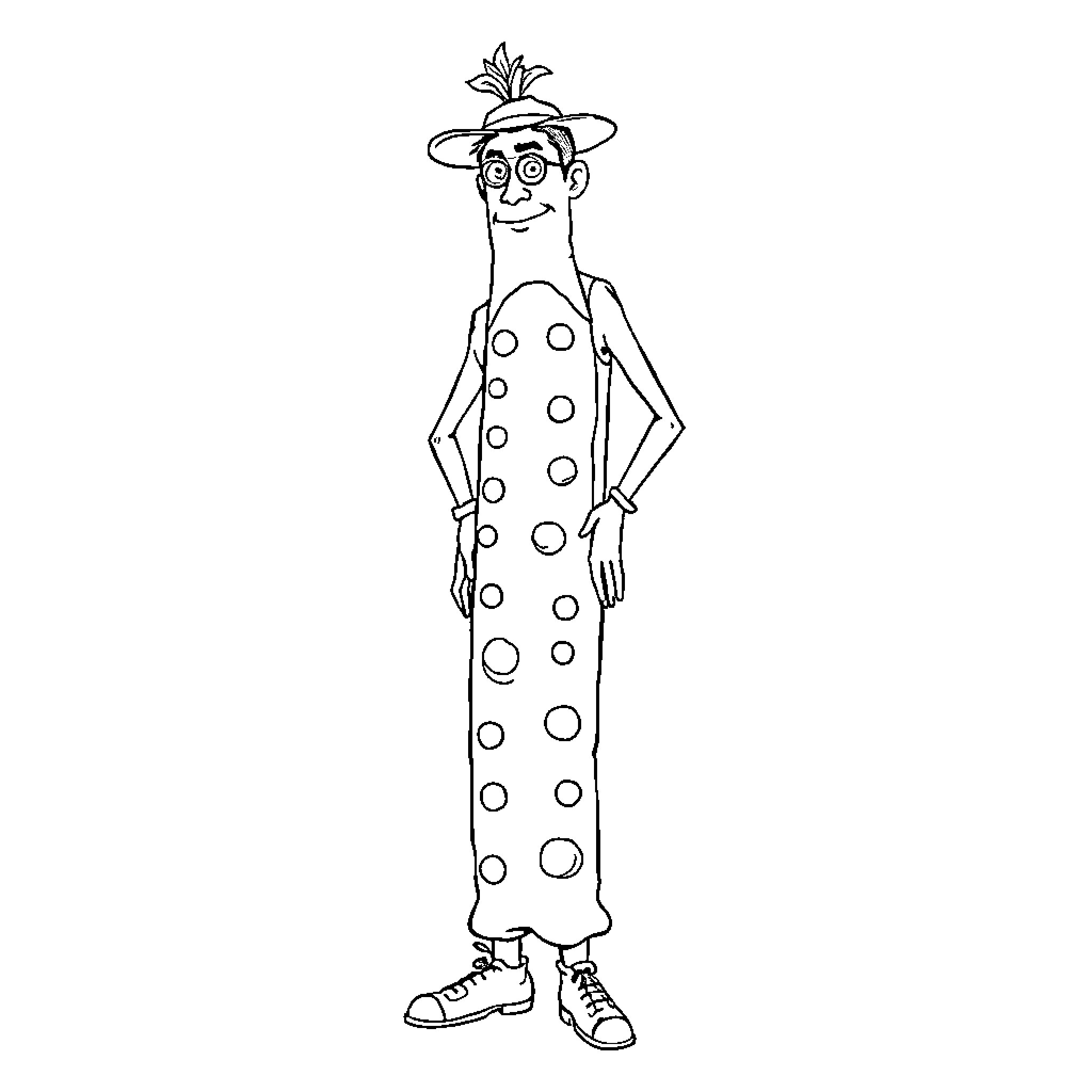 Salami-clad entertainer in whimsical outfit Coloring Page (free black-and-white line drawing printable PDF for all, from beginners to advanced learners, including children, teens, adults, and seniors)