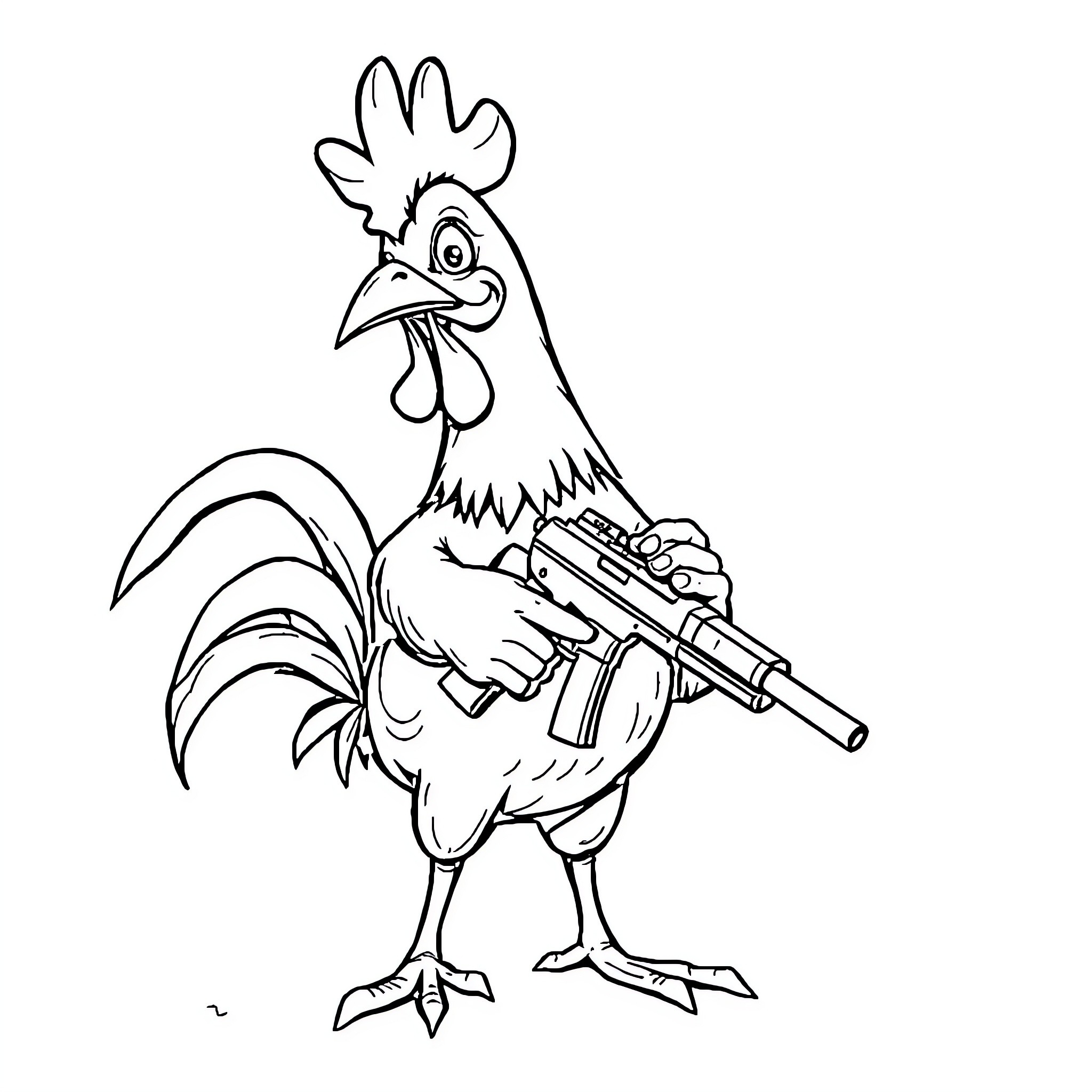 Chicken playing with a toy gun Coloring Page (free black-and-white line drawing printable PDF for all, from beginners to advanced learners, including children, teens, adults, and seniors)