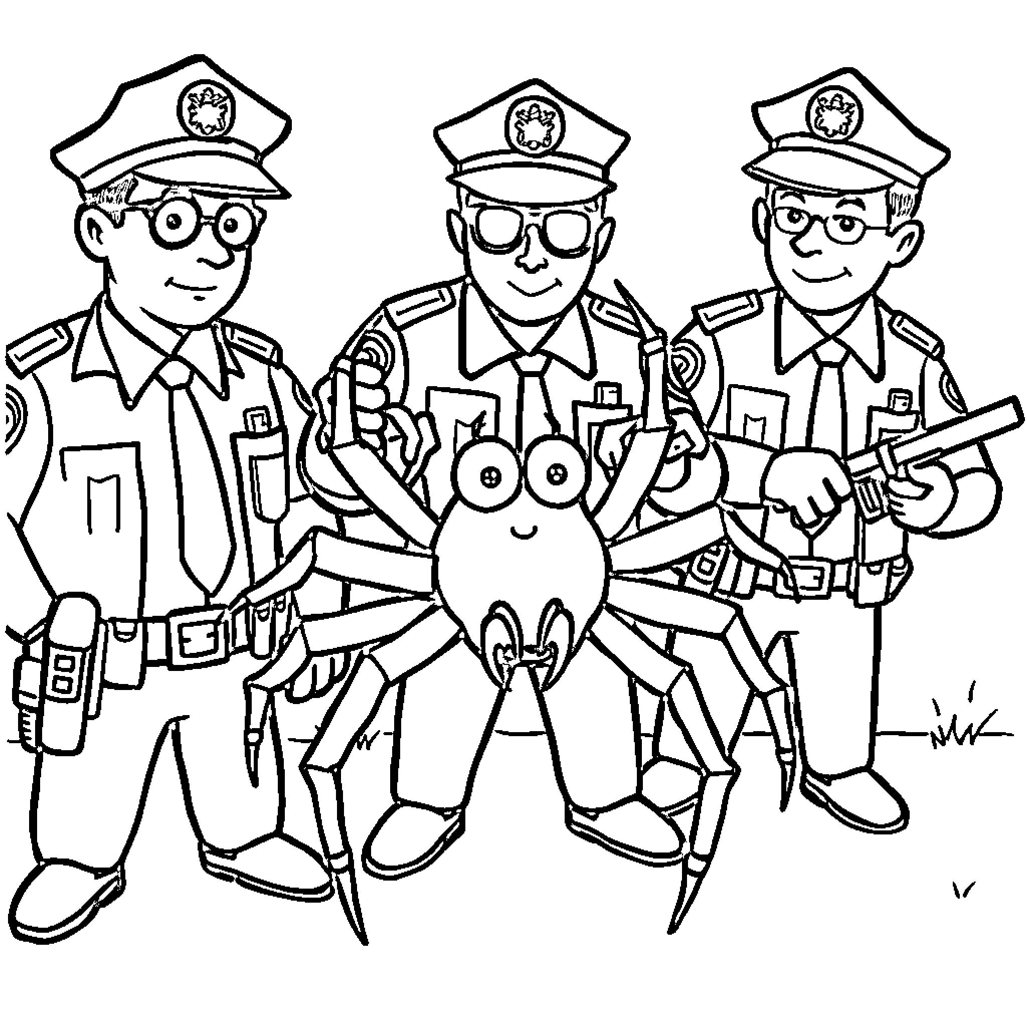 Spider-themed police officers on patrol Coloring Page (free black-and-white line drawing printable PDF for all, from beginners to advanced learners, including children, teens, adults, and seniors)