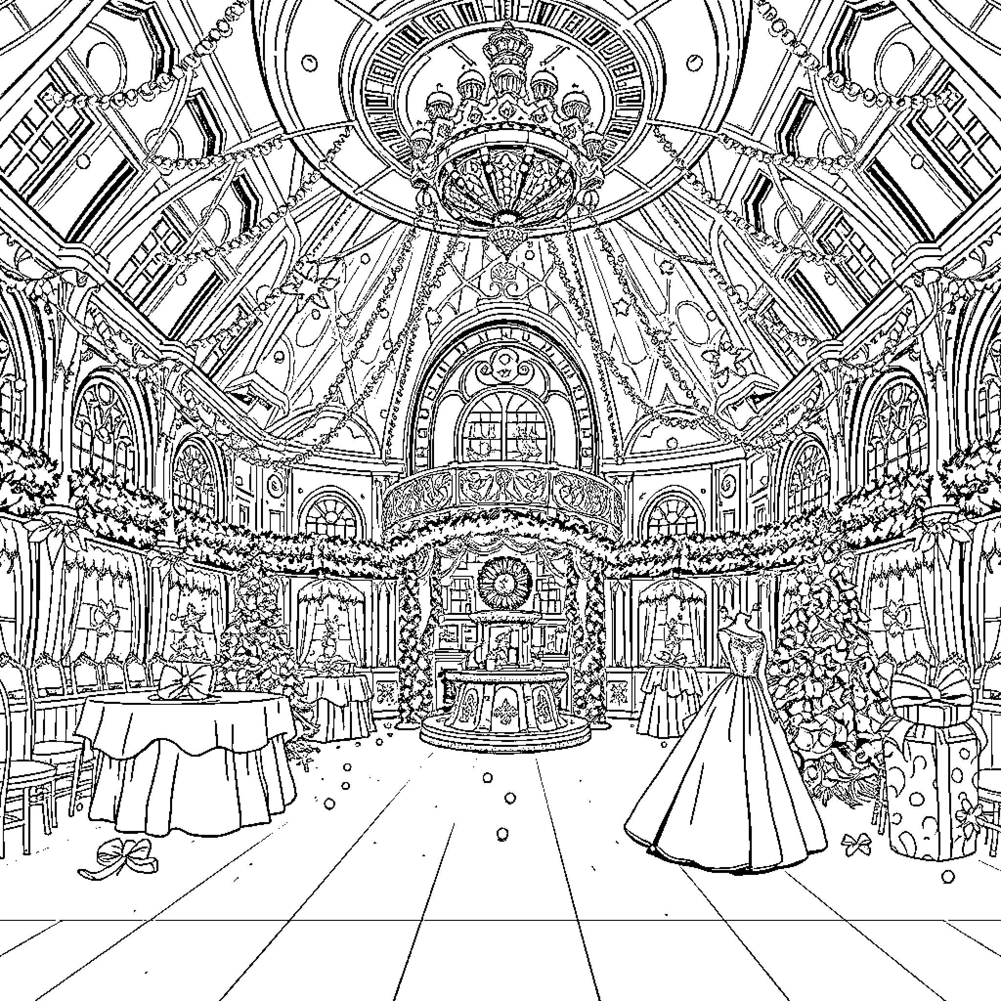 Ballroom Dance with Ornate Architecture and Decorations Coloring Page (free black-and-white line drawing printable PDF for all, from beginners to advanced learners, including children, teens, adults, and seniors)