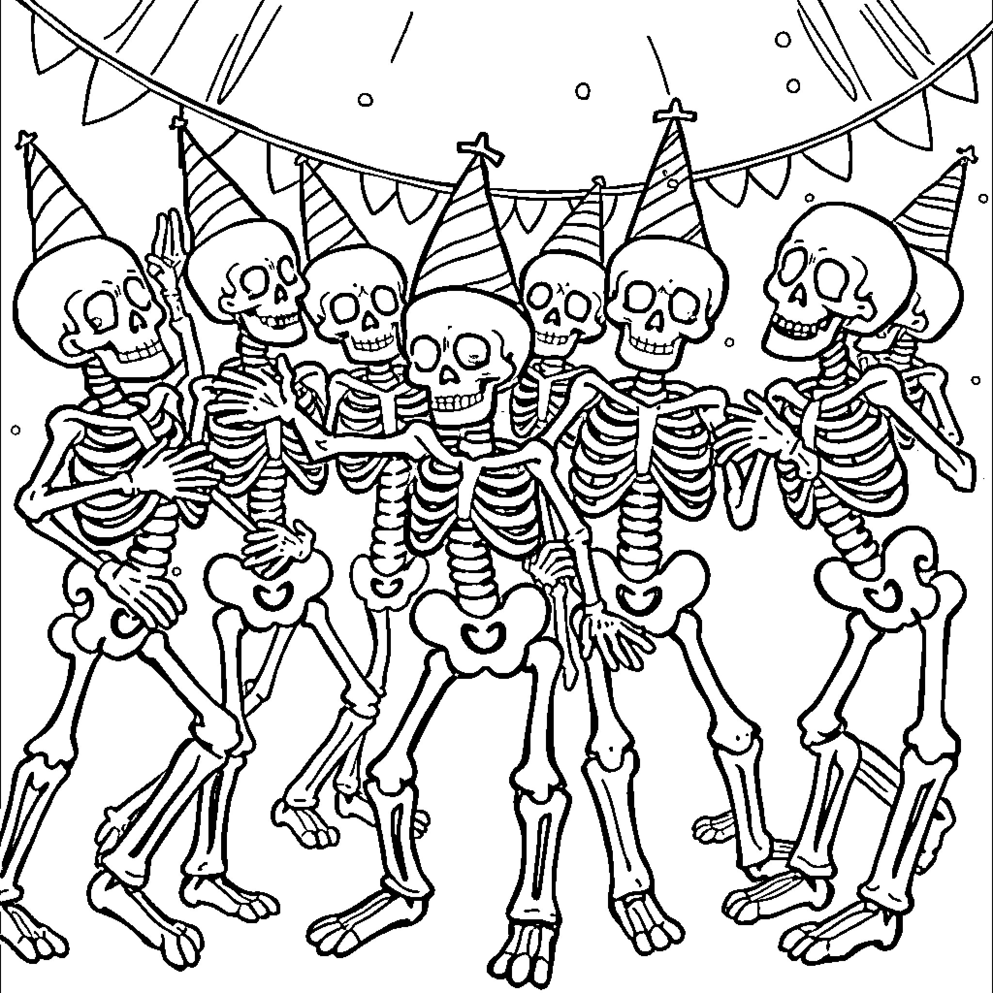 Skeleton party celebrating with festive decorations Coloring Page (free black-and-white line drawing printable PDF for all, from beginners to advanced learners, including children, teens, adults, and seniors)