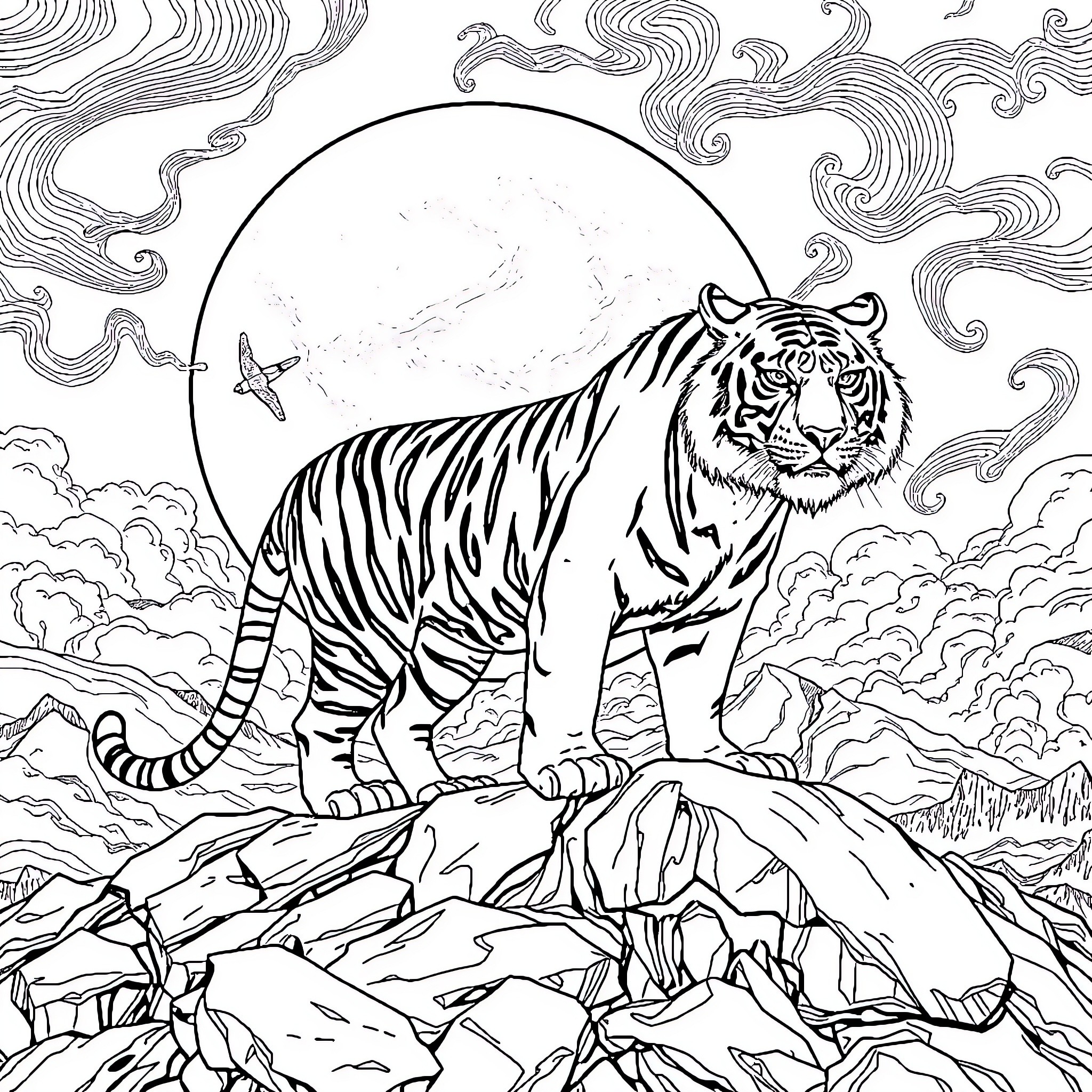Sabertooth Tiger standing on rocky cliffs under a full moon Coloring Page (free black-and-white line drawing printable PDF for all, from beginners to advanced learners, including children, teens, adults, and seniors)