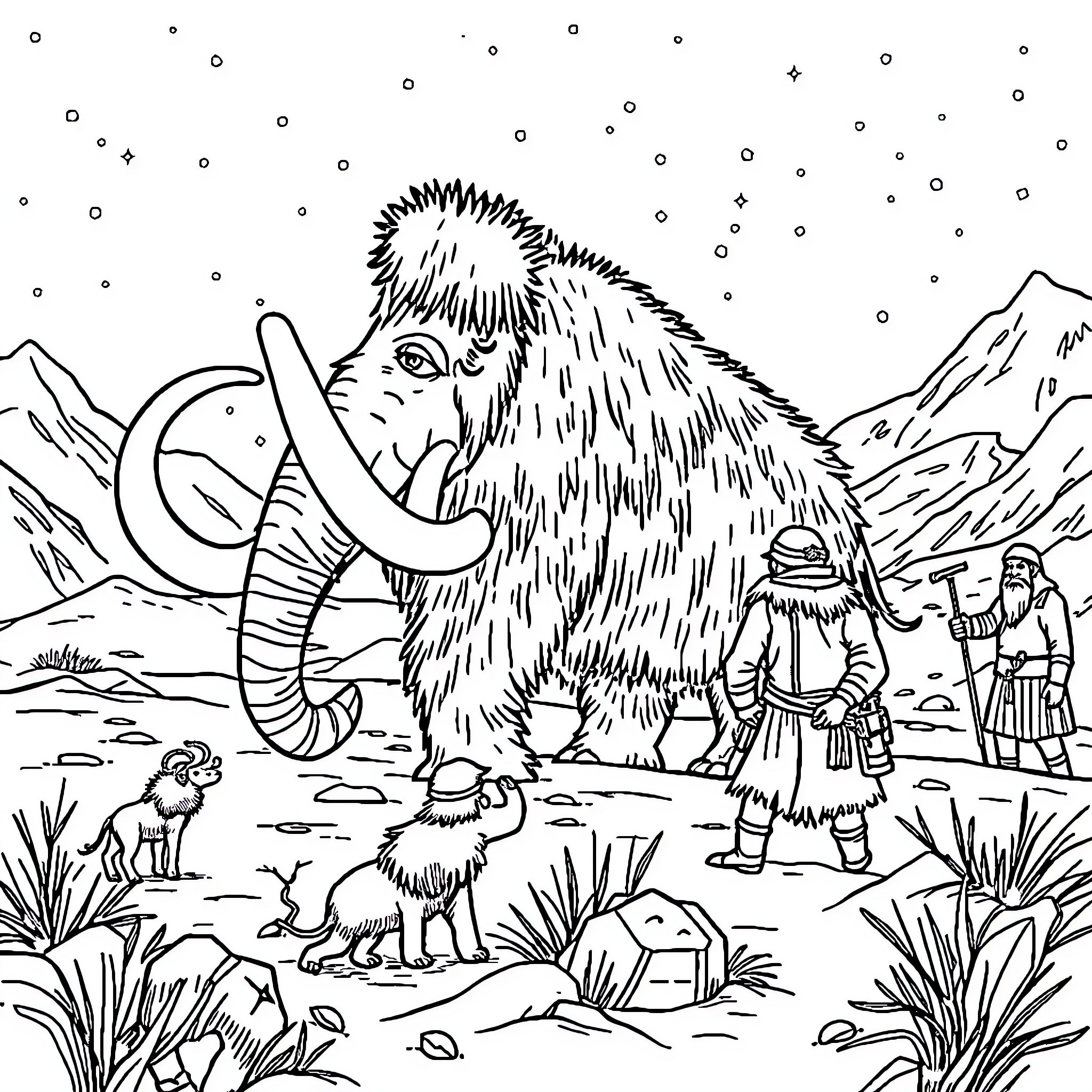 Mammoth and Prehistoric Humans in Snowy Landscape Coloring Page (free black-and-white line drawing printable PDF for all, from beginners to advanced learners, including children, teens, adults, and seniors)