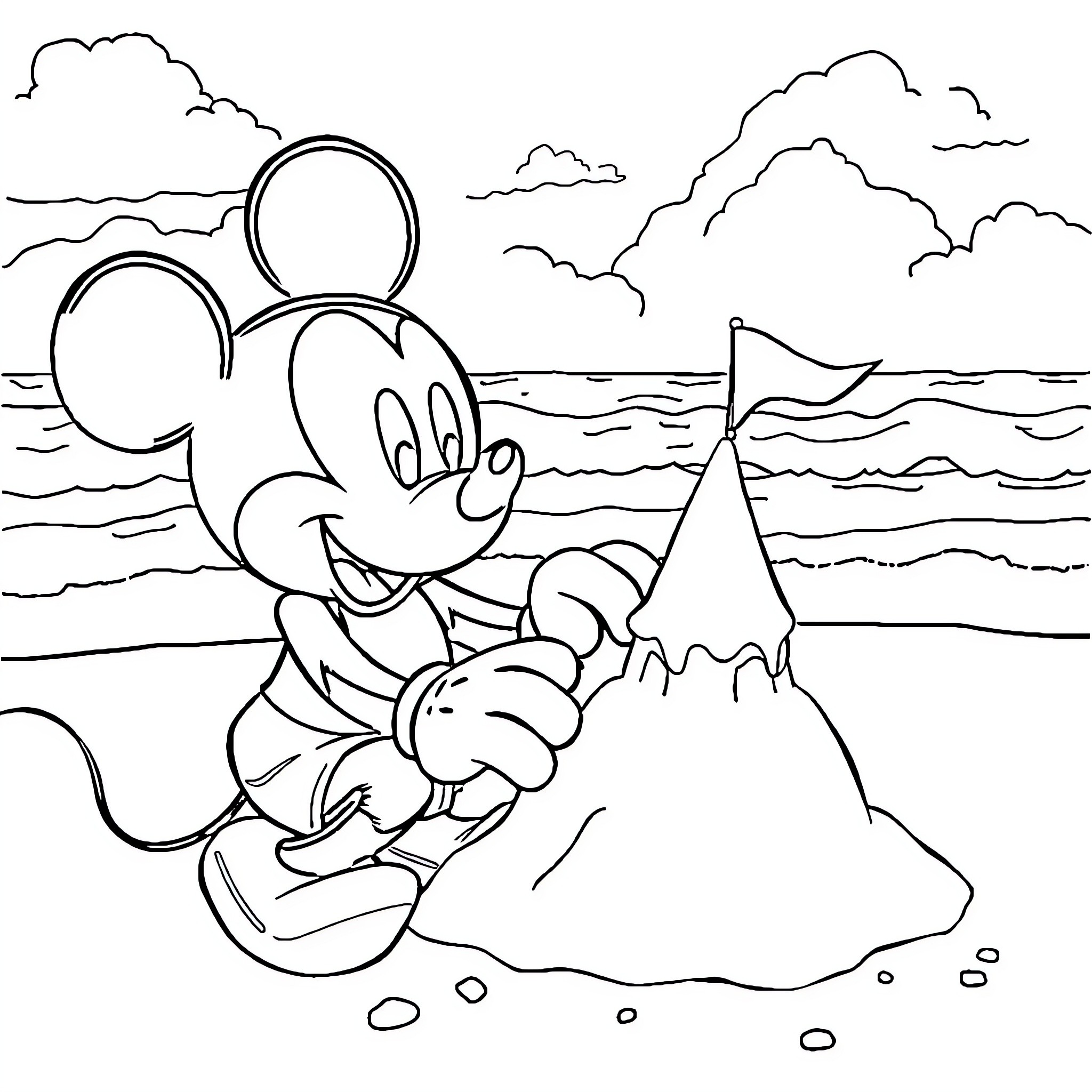 Mickey Mouse enjoying a day at the beach Coloring Page (free black-and-white line drawing printable PDF for all, from beginners to advanced learners, including children, teens, adults, and seniors)