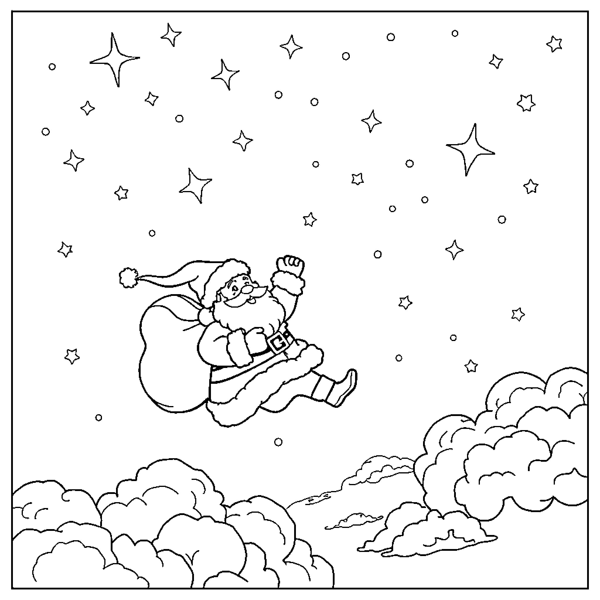 Santa Claus soaring through the starry night sky Coloring Page (free black-and-white line drawing printable PDF for all, from beginners to advanced learners, including children, teens, adults, and seniors)