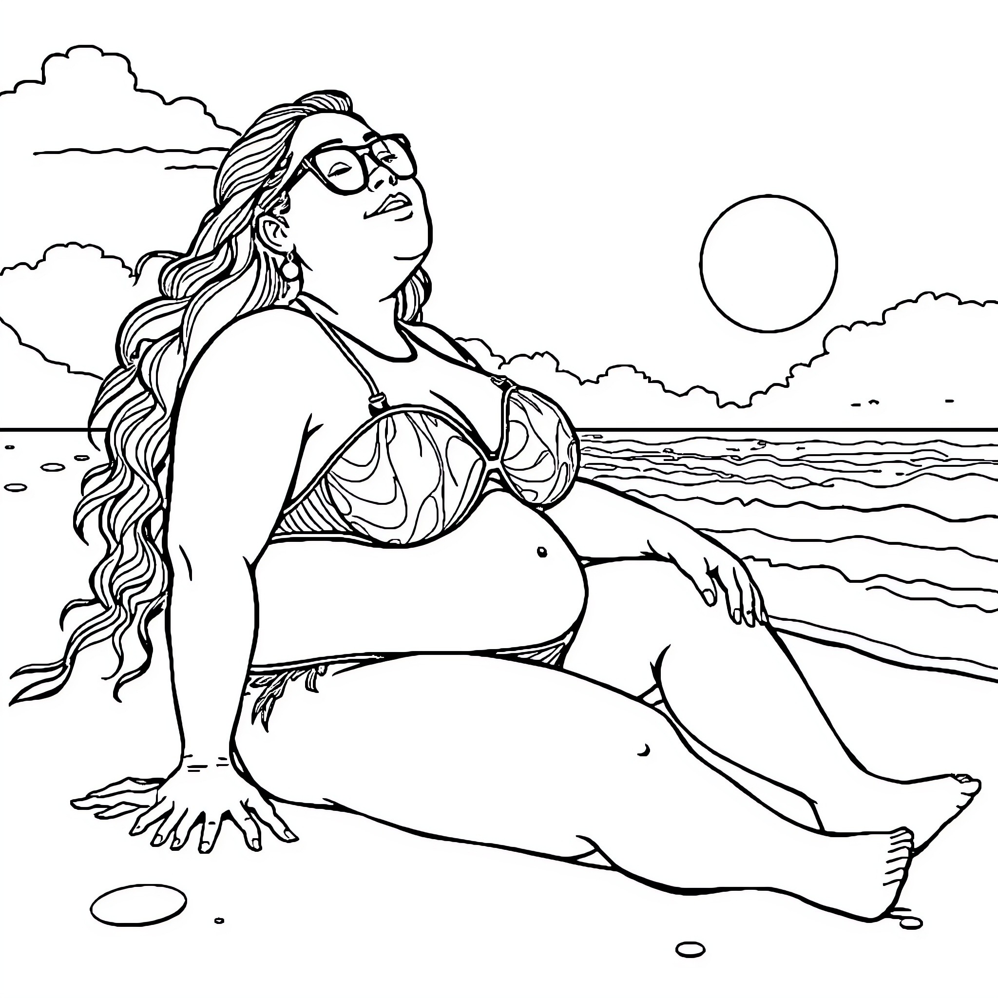 Lady enjoying the beach in swimwear Coloring Page (free black-and-white line drawing printable PDF for all, from beginners to advanced learners, including children, teens, adults, and seniors)